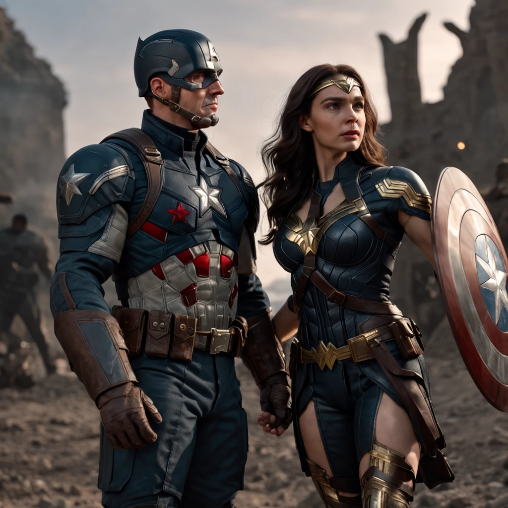 Full body photos of Captain America and wonder woman in black and silver armor-style costumes, looking at center camera, perfect composition, beautiful detailed intricate insanely detailed octane render trending on artstation, 8 k artistic photography, Arte conceptual fotorrealista, soft natural volumetric cinematic perfect light, claroscuro, rewarded photography, obra maestra, oil on canvas, Raphael, Caravaggio, Greg Rutkowski, Beeple, Beksinski, Giger, tendencias en Artstation, foco nítido, Foto de estudio, Detalles intrincados, Altamente detallado, Noche de fondo de la ciudad, por Greg Rutkowski