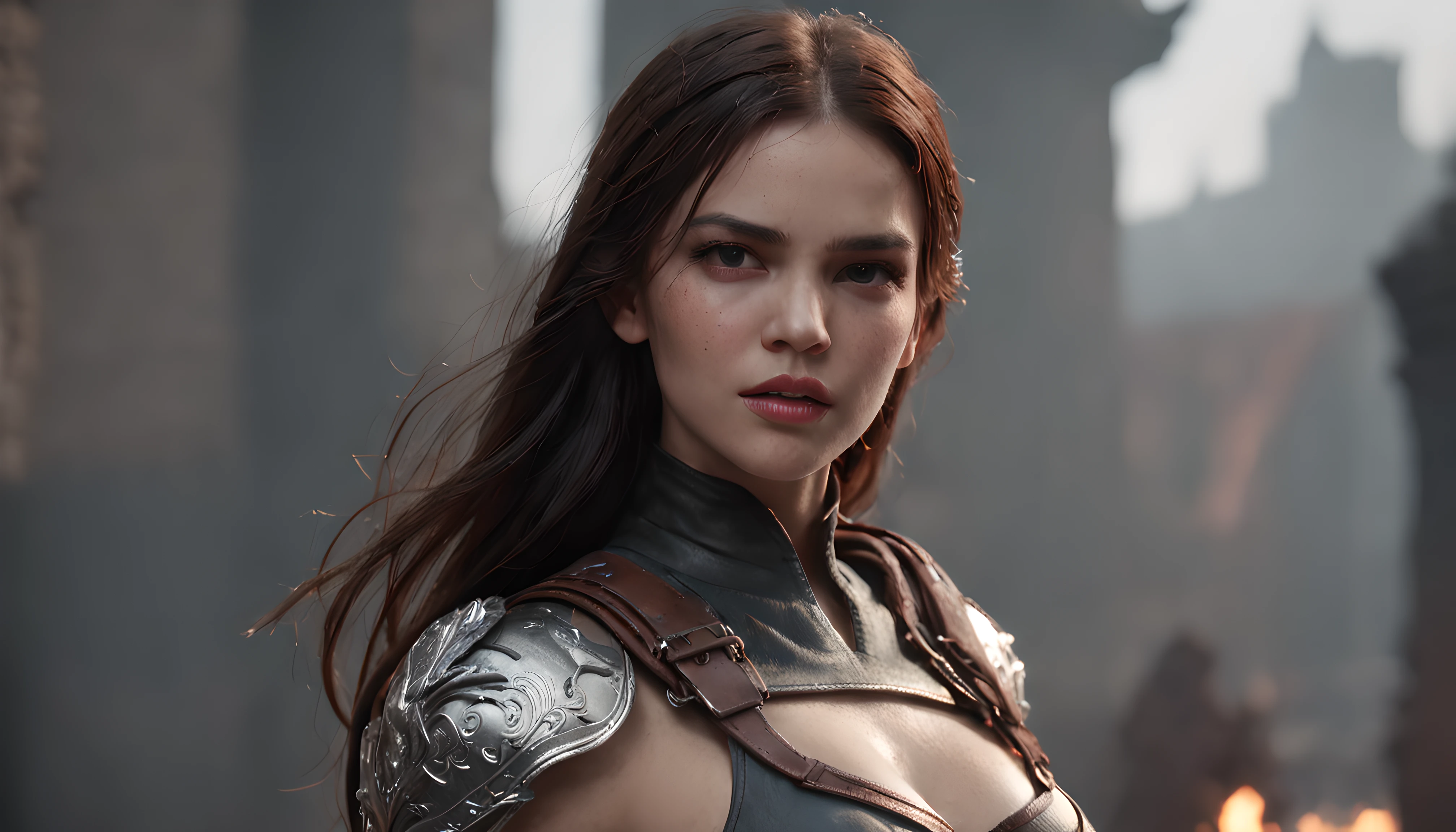 (professional 3d render:1.3) af (Realistic:1.3) most beautiful artwork photo in the world,Features soft and shiny female heroes, ((Epic hero fantasy rough muscles wet hero angry look long hair and ferocious expression in dynamic pose, Fantastic location, Majestic cluttered environment)), Full body 8K unified rendering, action shot, skin pore, very dark lighting, heavyshading, Detailed, Detailed face, (vibrant, photograph realistic, Realistic, Dramatic, Dark, Sharp focus, 8K), (Old leather garments damaged by weathering:1.4), ((((Wear fur)))), (Intricate:1.4), (Highly detailed:1.4), Digital painting, rendering by octane, art stations, concept-art, smooth, Sharp focus, illustration, Art germ, (loish:0.23), wlop ilya kuvshinov, and greg rutkowski and alphonse mucha gracias, (Global illumination, Studio light, volumettic light), heavy rain, particles floating, lotr, fantasy, full bodyesbian, ((Dark and ancient city background:1.3)),CGSesociety,art stations