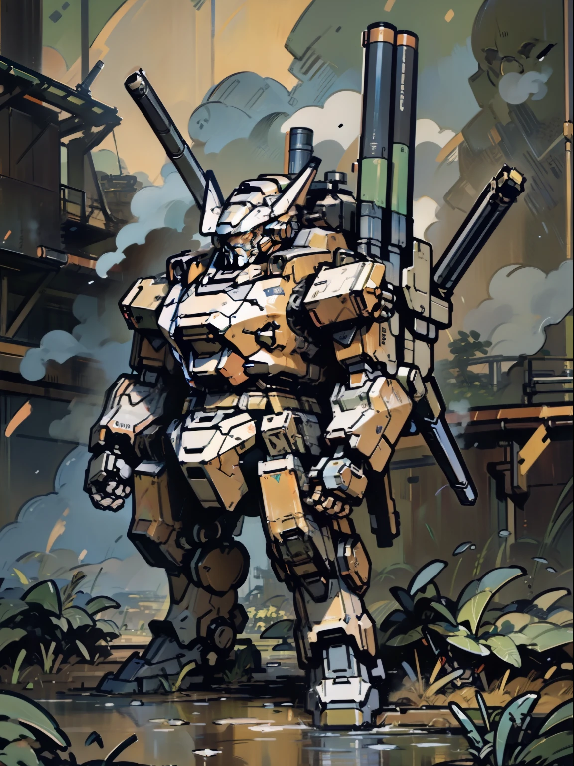 gatling gug,glowing,gun,holding,holding gun,holding weapon,((mecha)),no humans,robot,signature,smoke,standing,weapont,monet color,,stream,close shot,,oil painting,((post-impressionist)),Post Impressionist,Droplets,well,soft lighting,COOL,bulky,