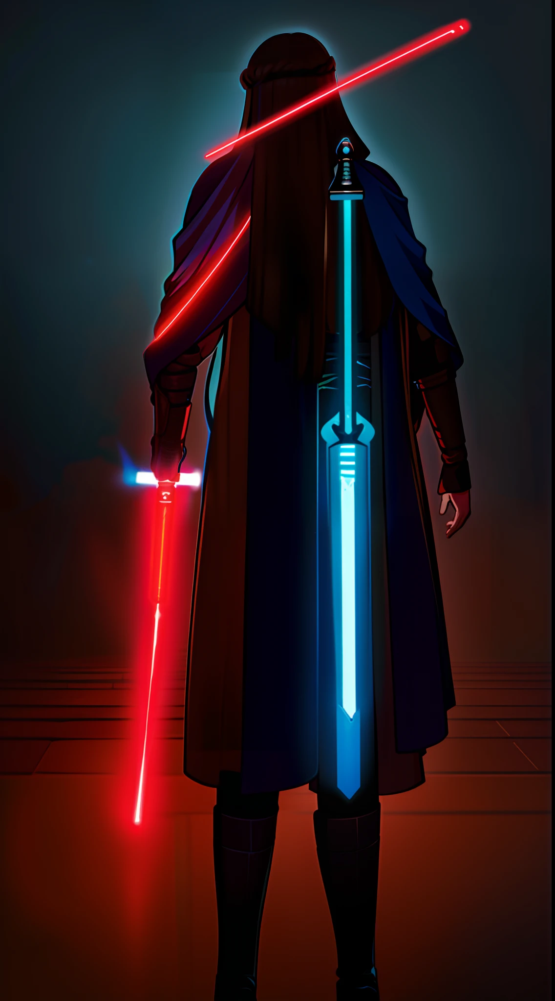 adult man, Long brown hair, Cyan eyes, Blue Rob Jedi, Lightsaber, Darth Revan, Masterpiece, hiquality