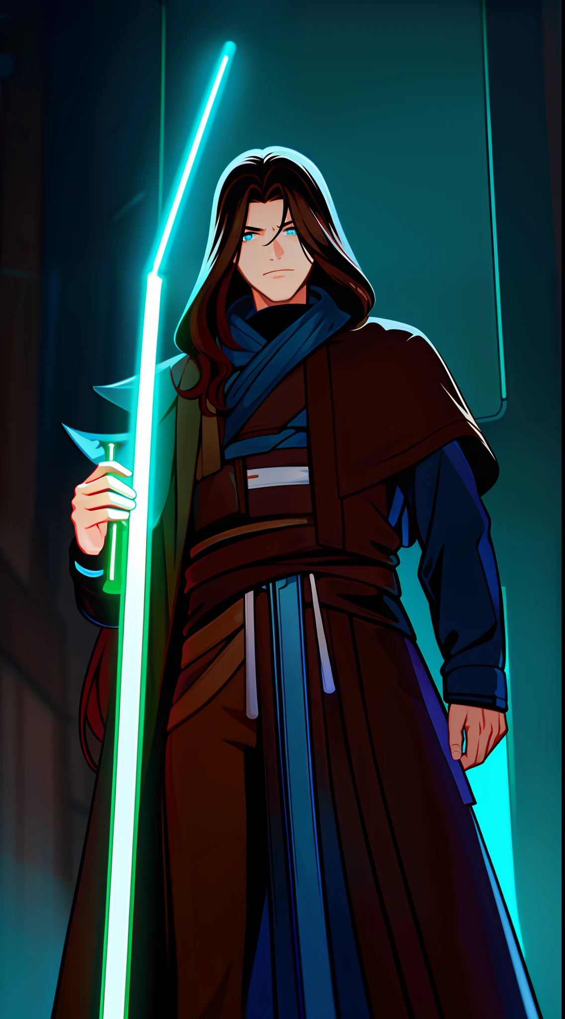 adult man, Long brown hair, Cyan eyes, Blue Rob Jedi, Lightsaber, Darth Revan, Masterpiece, hiquality