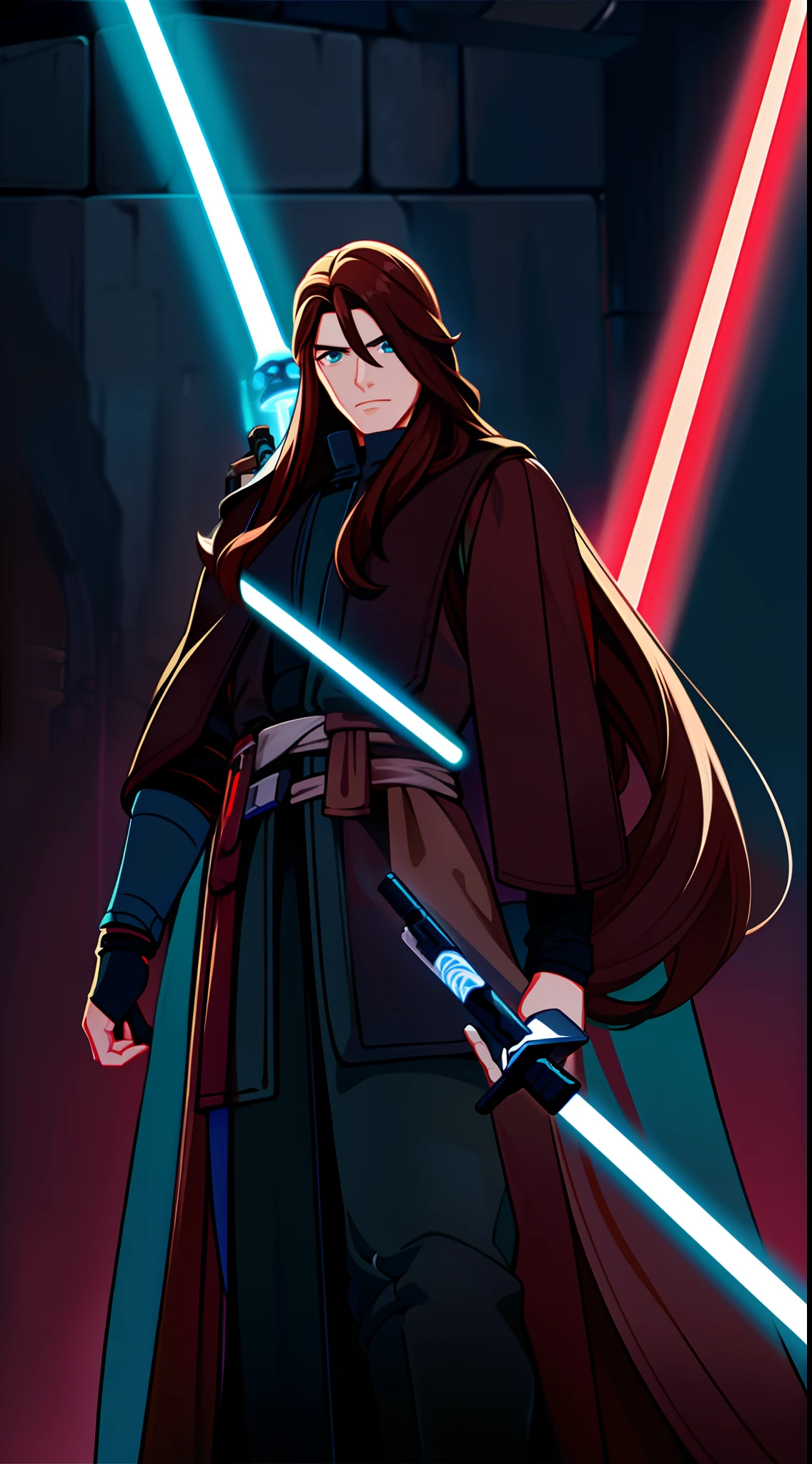 adult man, Long brown hair, Cyan eyes, Blue Rob Jedi, Lightsaber, Darth Revan, Masterpiece, hiquality
