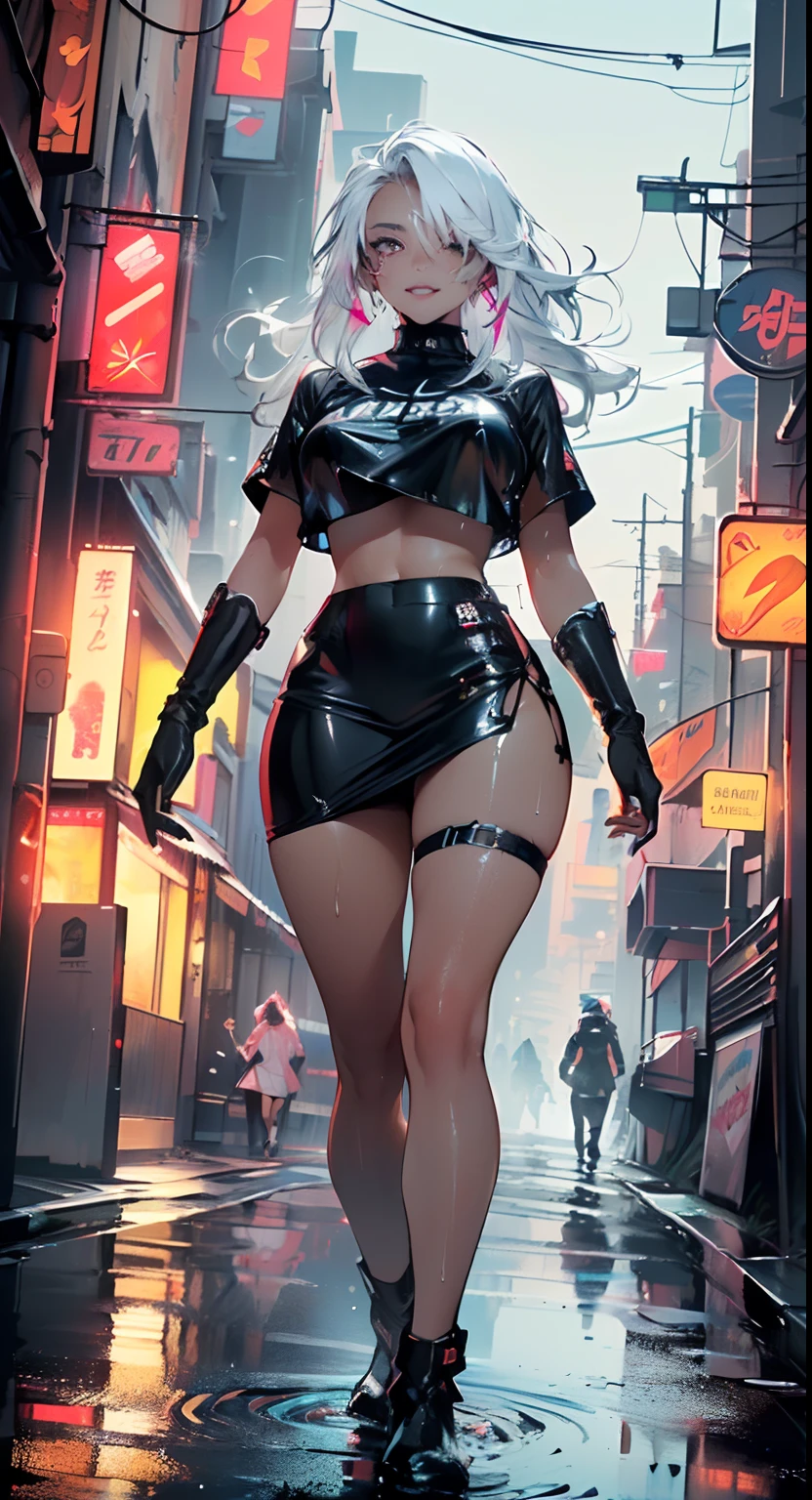 dark skin,very dark skin,dark_skin,
girl rave,(((1girl))),((girl with extremely cute and beautiful white hair)),
(large breasts:1.4),saggy breasts,(((white hair:1.35,straight hair,long hair:1.4,colored inner hair,ear breathing))),((very light yellow eyes:1.3,upturned eyes:1.3,perfect eyes,beautiful detailed eyes,gradient eyes:1,finely detailed beautiful eyes:1,symmetrical eyes:1,big highlight on eyes:1.2)),((fat)),((((black girl,black skin,dark-skinned_female,dark skin:1.3,ebony skin,lustrous skin:1.5,bright skin: 1.5,shiny skin,very shiny skin,shiny body,plastic glitter skin,exaggerated shiny skin,shiny skin like ebony,illuminated skin, wet legs))),(spider lower abdomen,narrow waist,wide hip,athletic body,inflated legs,delicate detailed fingers,detailed body,human hands,(detailed face)),
cute,slutty,seductive,erotic,(((nsfw))),
zettai ryouiki,revealing clothing,show skin,((rave shirt with an yellow print,rave mini-skirt,visible thong straps)),(wearing a rave outfit:1.3,rave clothes,semi-naked,with little clothing,),((wet clothes,detailed outfit,detailed clothes)),
(dynamic pose:1.0),solo focus,((mischievous smile)),centered,scale to fit dimensions,Rule of thirds,
((((cyberpunk city by the ocean,huge buildings,neon signs,puddles)))),stormy sky,threatening sky,dark clouds,((synthwave background theme,detailed background : 1.25)),((((night,nice lighting decorations,detailed architecture)))),
(best quality),(high resolution),(sharp focus),(ultra detailed),(extremely detailed),(extremely high quality artwork),8k_wallpaper,(extremely detailed CG 8k),(very fine 8K CG),((hyper super ultra detailed perfect piece)),flawless,(((masterpiece))),illustration,vibrant colors,(intricate),High contrast,Selective lighting,Double exposure,HDR (High Dynamic Range),Post-processing,Background blur,