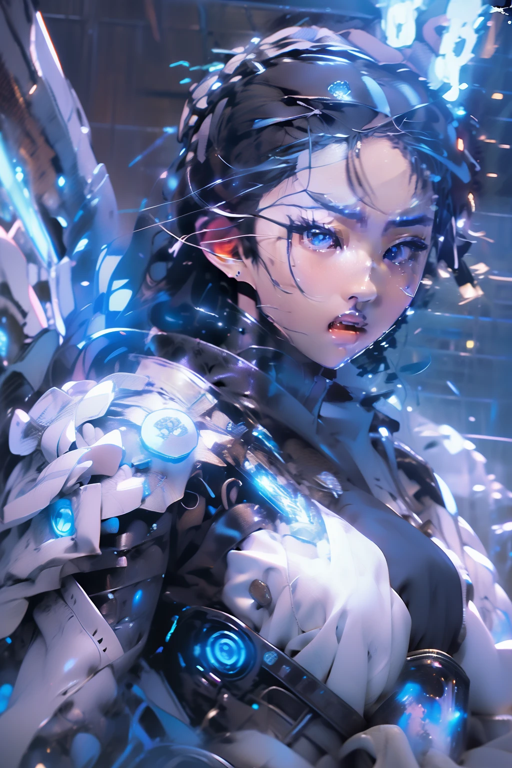 (Masterpiece), (Best quality), 1girll, Cyborg girl, Female warrior battlefield, Portrait, Close-up shot, (Blue glowing eyes), Cyborg armor, White armor,liuyifei