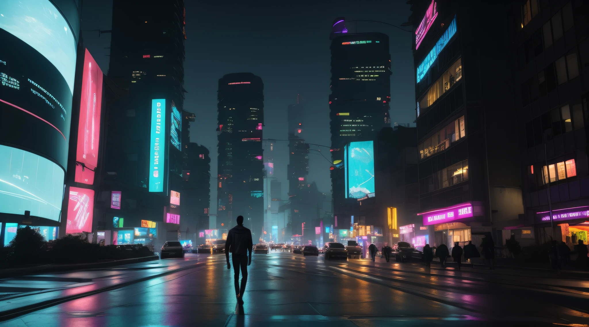 Image of a man walking down a city street at night, cidade cyberpunk hiper realista, em uma cidade cyberpunk futurista, estilo cyberpunk hiper-realista, em cyberpunk city, cyberpunk streets at night, em uma cidade cyberpunk, arte cyberpunk ultrarrealista 8k, rua noturna cyberpunk, atmosfera cyberpunk, cyberpunk em uma cidade cyberpunk, Cidade Cyberpunk Chuvosa, em uma cidade cyberpunk