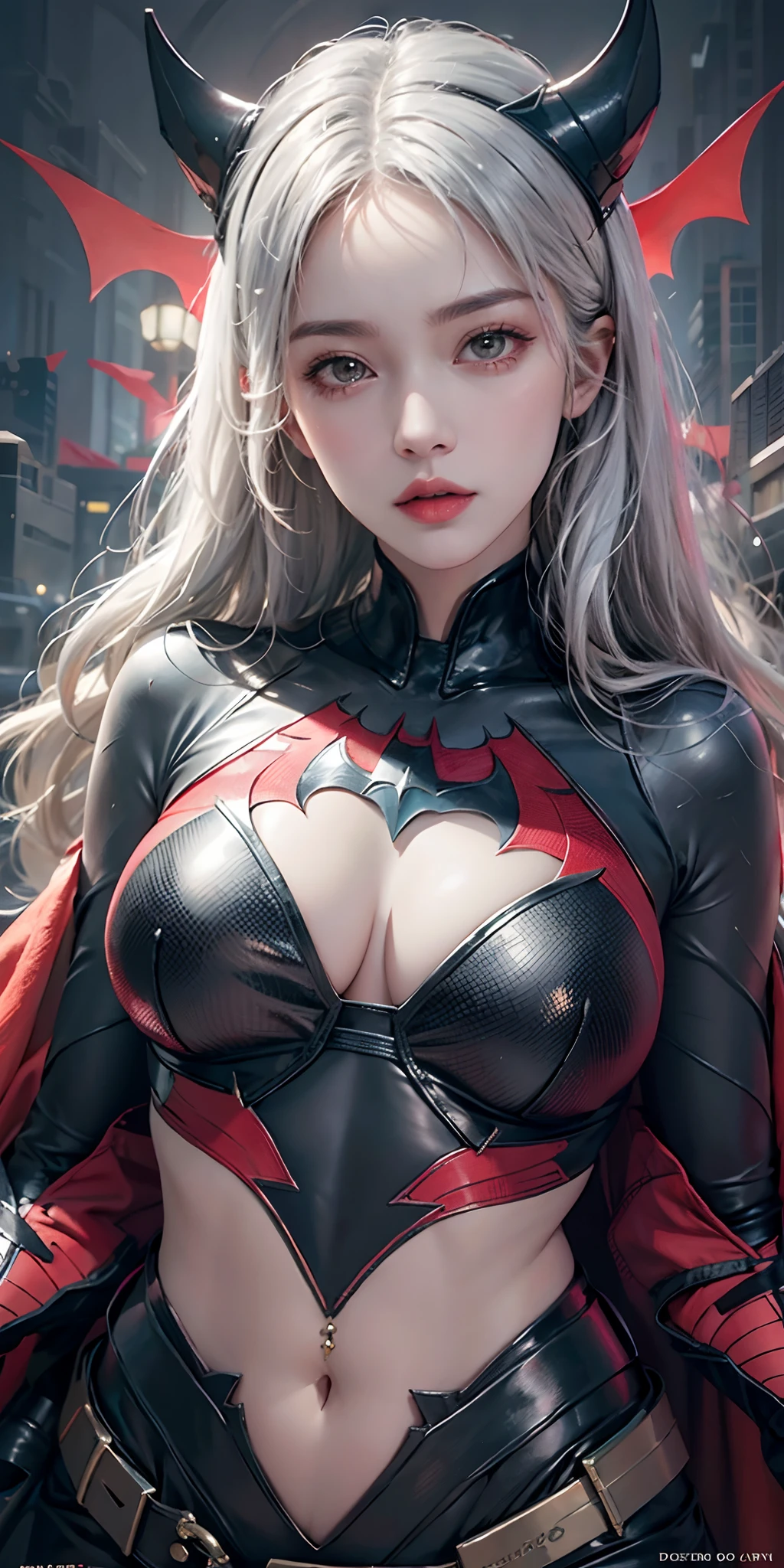 photorealistic, high resolution, soft light,1women, solo, hips up, shining skin, (detailed face), batwoman costume, jewelry, tattoo, white hair