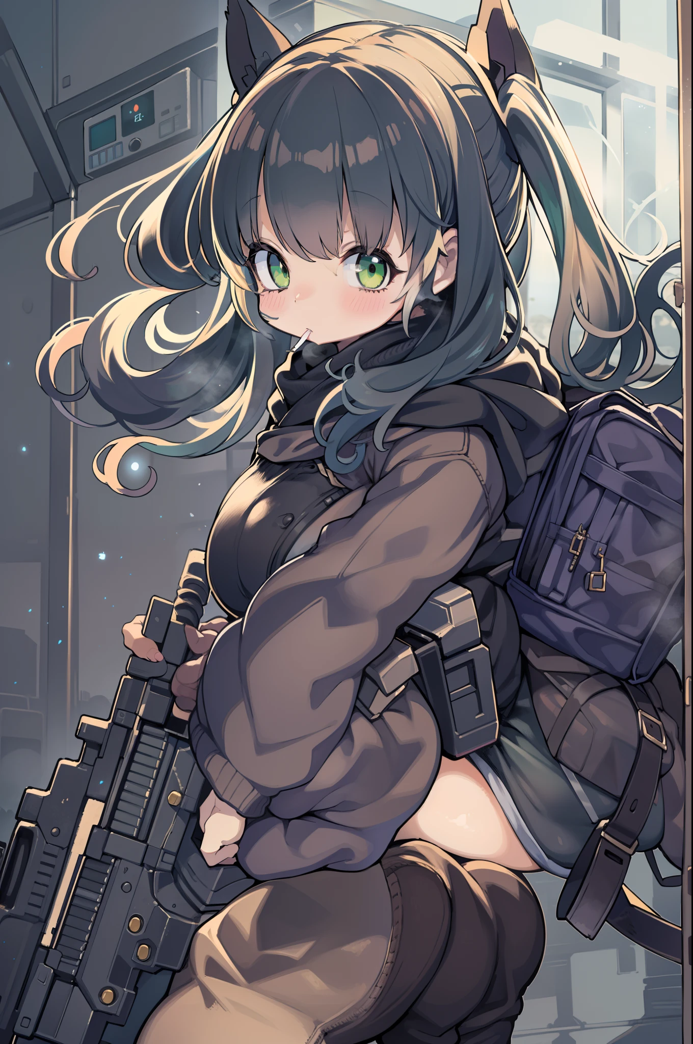 Hold a huge assault rifle、Long sideburns、Anime-style girl with beautiful whole body, clean detailed faces, ciber,analogous colors, Glowing shadows, beautiful gradients, depth of fields, CLEAN IMAGE, High quality,Black Parker Clothing、 high detailing, High Definition, blush, Fit, Heavenly Beauty, Very detailed, Soft lighting, Full body,Green&Black hair,Green eyes、huge-breasted、From below、Crouching,sitted,Smoking