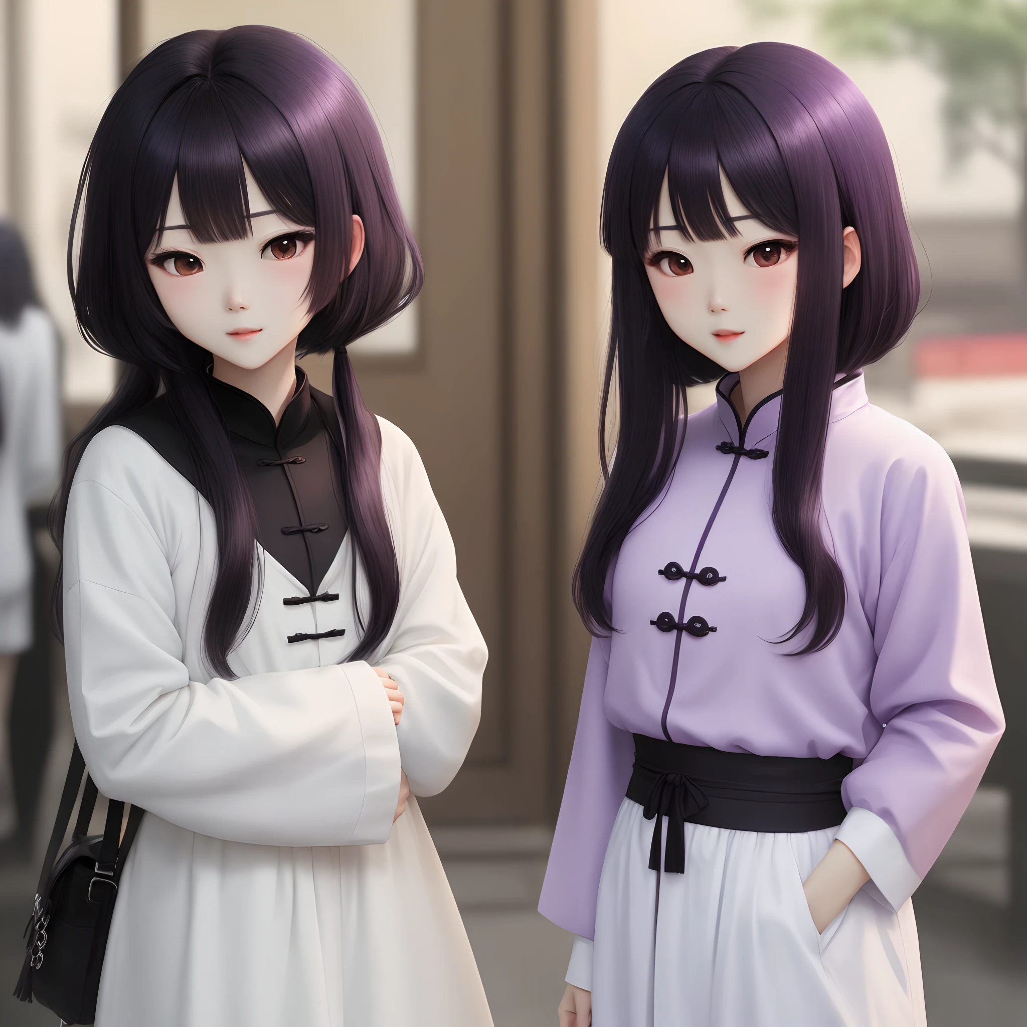 Purple and black hair white skin chines face white clothes anime