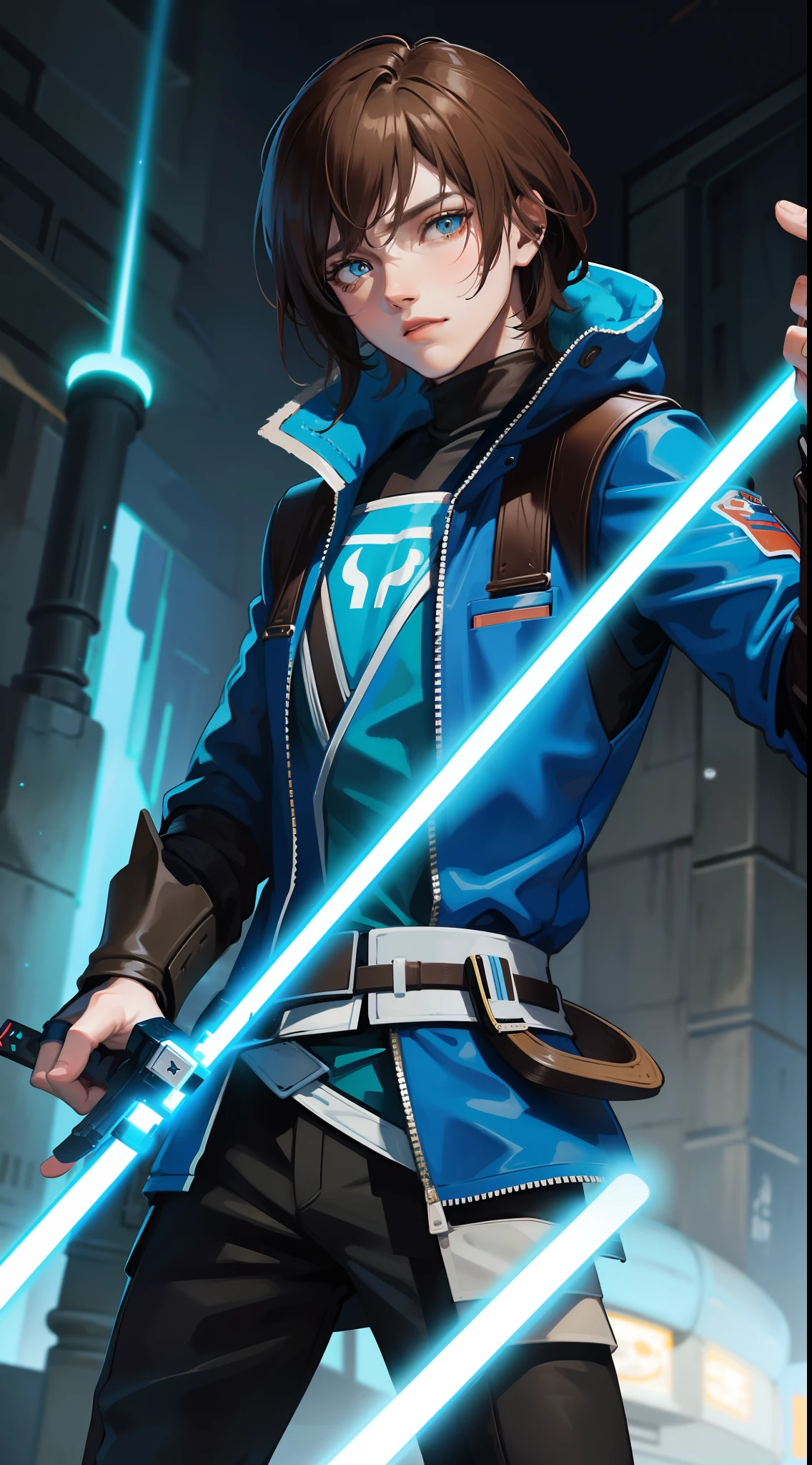 adult man, Long brown hair, Cyan eyes, Blue Rob Jedi, Lightsaber, Darth Revan, Masterpiece, hiquality