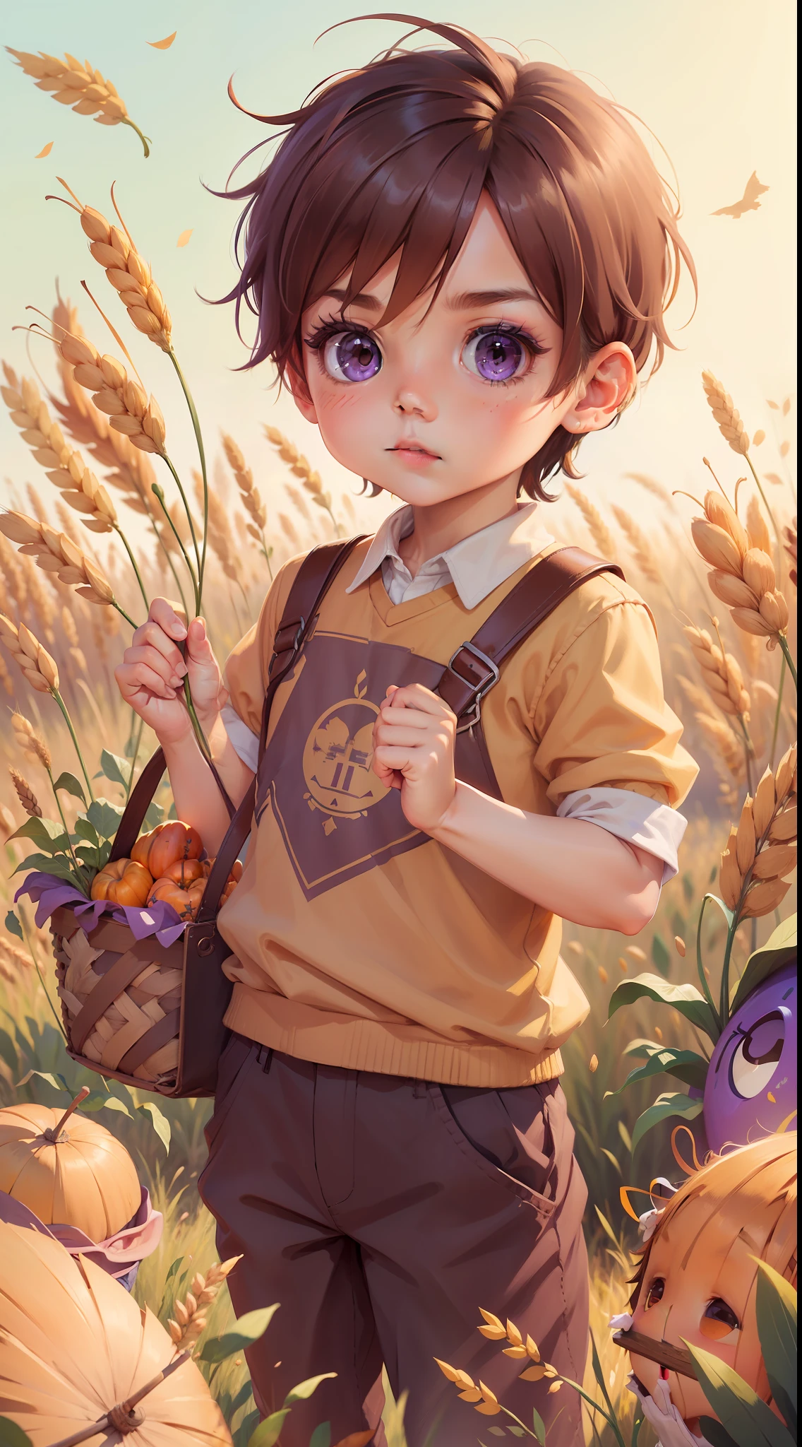 Wheat fields for autumn harvest,There is golden rice nearby,basket,Rice,Wild goose,cheerfulness,rejoice,Perfect quality,Clear focus(Clutter - home:0.8), (tmasterpiece:1.2) (realisticlying:1.2) (bokeh) (best qualtiy) (complexdetails) (8K) (detailedeyes) (Sharp focus), boy, brown hair, purple eyes, short hair, hair between eyes