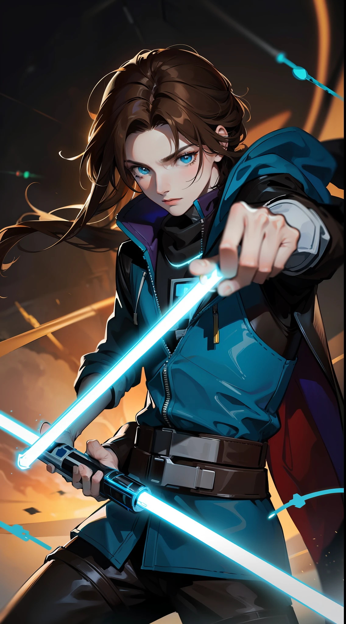 adult man, Long brown hair, Cyan eyes, Blue Rob Jedi, Lightsaber, Darth Revan, Masterpiece, hiquality