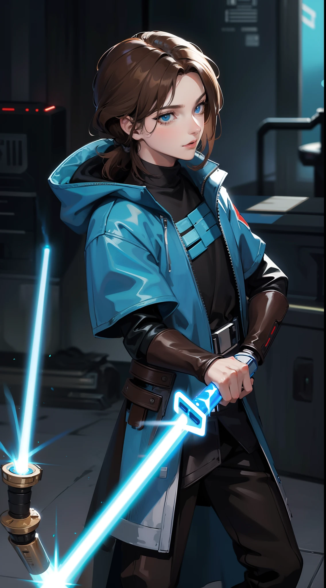 adult man, Long brown hair, Cyan eyes, Blue Rob Jedi, Lightsaber, Darth Revan, Masterpiece, hiquality