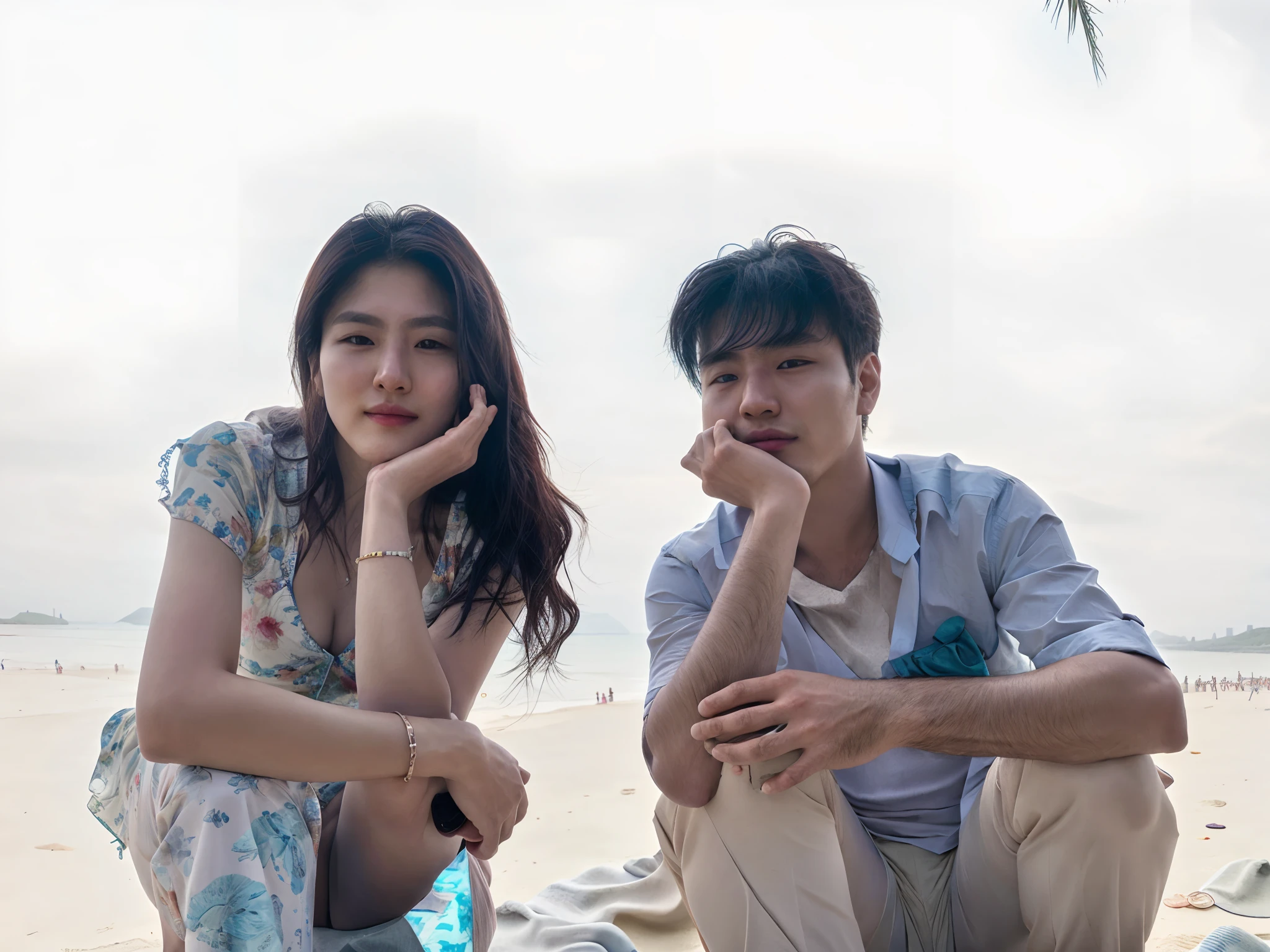 they are sitting on the beach together and posing for a picture, ruan jia and brom, on beach, ruan jia and fenghua zhong, on a beach, in the beach, lovely couple, taejune kim, at a beach, posing on a beach with the ocean, portrait shot, on a sunny day, profile pic, 😭 🤮 💕 🎀