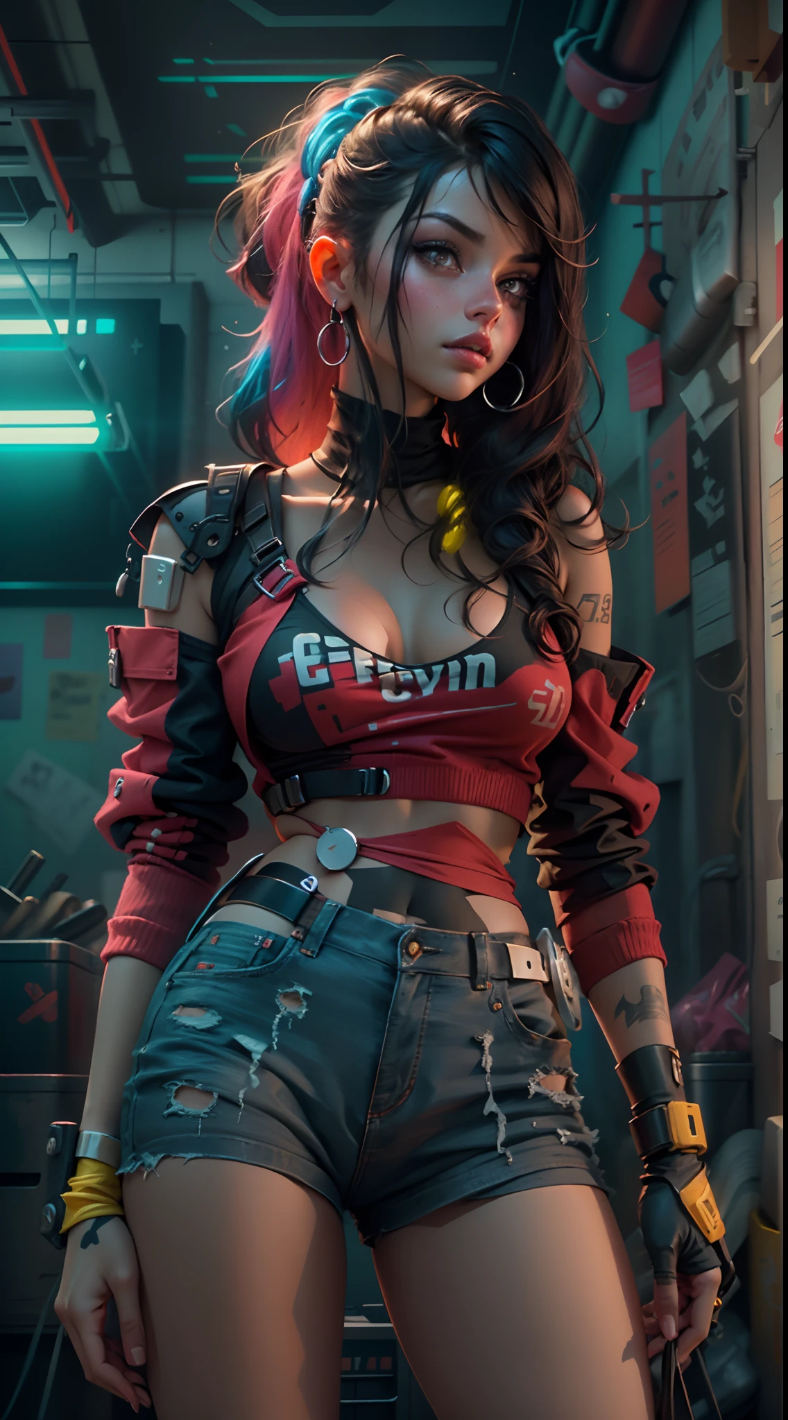 motor irreal:1.4,CG ultra realista 64K, fotorrealista:1.4, textura de la piel:1.4, obra maestra:1.4,Hermosa selena gomez con lingeries babydoll、Ropa corta estilo cyberpunk color amarillo, pantimedias red , Mini falda azul,