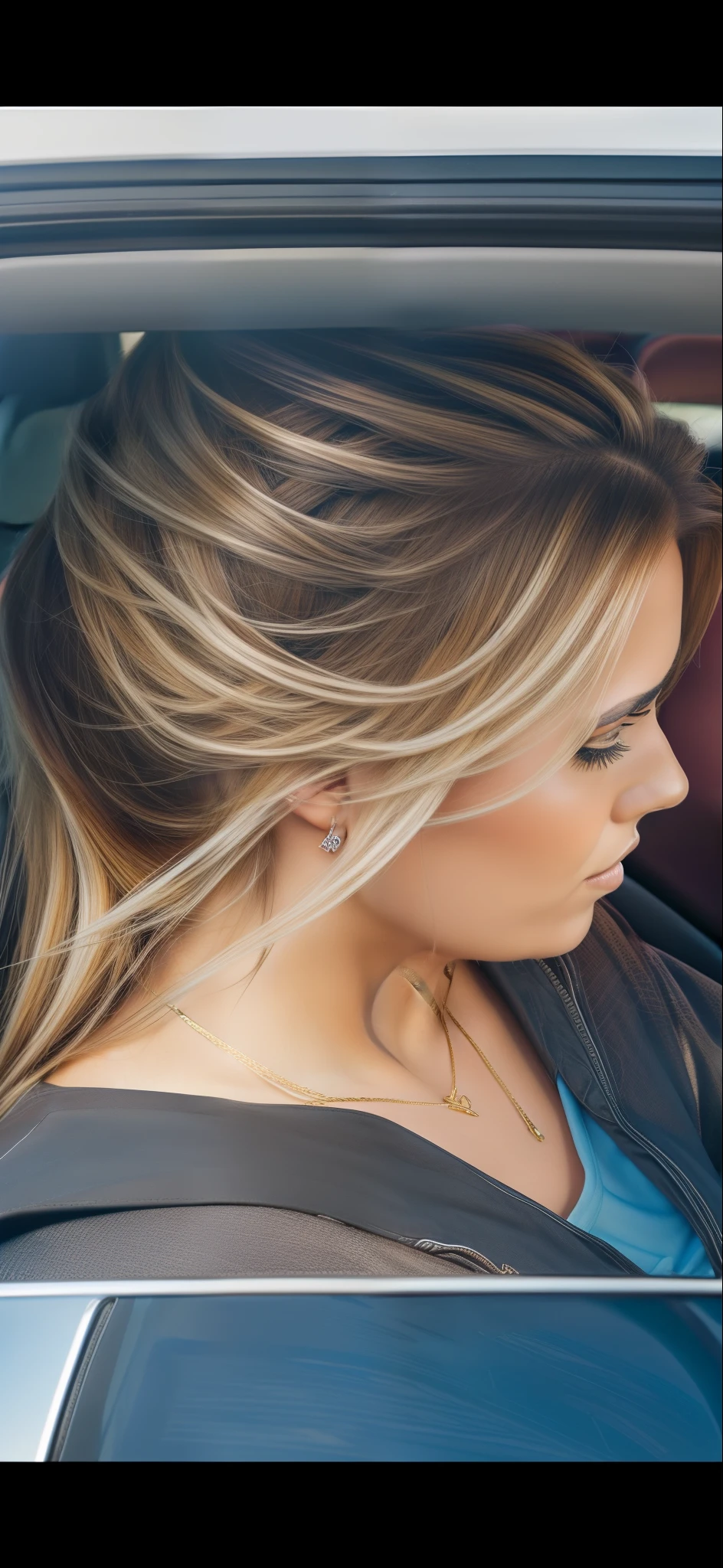 there is a woman sitting in a car looking at her cell phone, brunette with dyed blonde hair, side of head, white highlights in hair, highlighted, close - up profile face, side profile cenetered portrait, side - profile painted portrait, side profile painted portrait, close up of a blonde woman, gold and silver highlights, detailed face, glowing highlights
