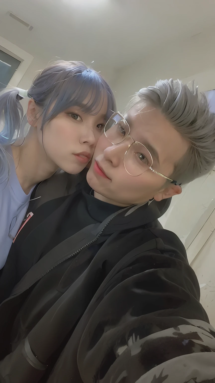 there is a man and woman taking a selfie in a mirror, kissing together cutely, profile image, profile pic, lovely couple, very very low quality picture, profile picture, kda and sam yang, from 8 k matte, with blue hair, very very low quality, low quality grainy, 😭🤮 💔, ruan jia and fenghua zhong