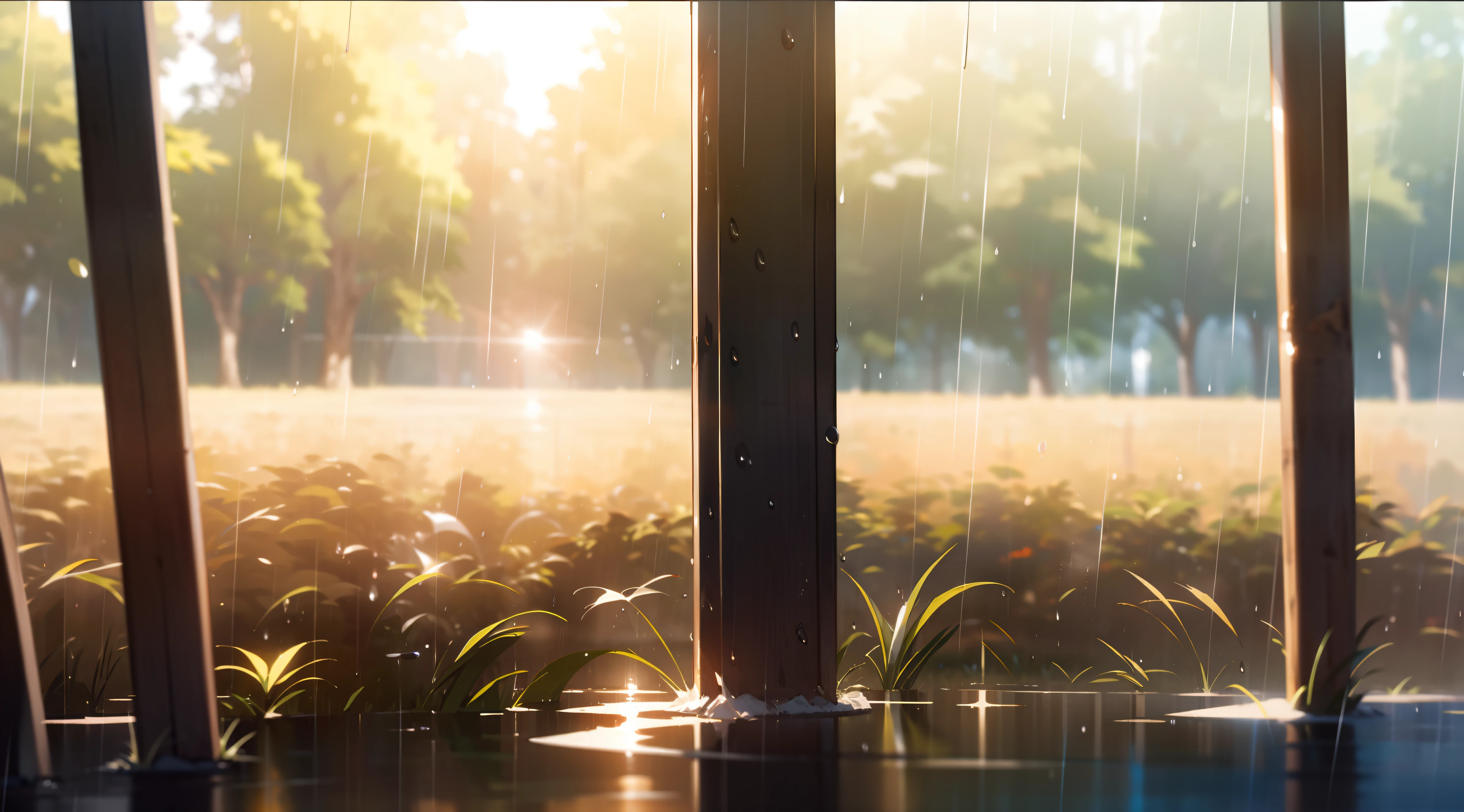 Ultra realistic, masterpiece quality, rain shower in open field ,(( sunlight reflecting through rain drops)), Cinematic, rain drops passing sunlight