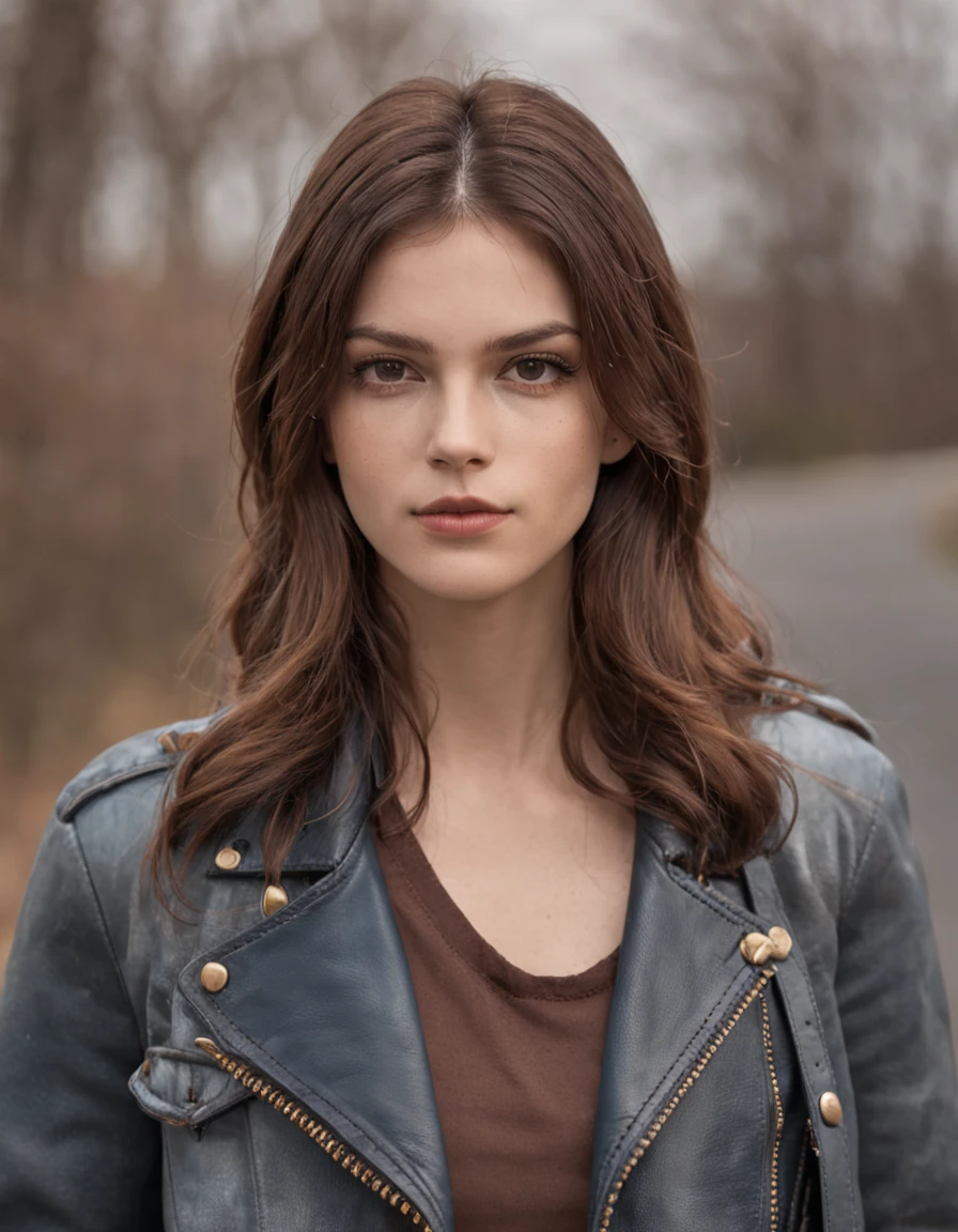 Editorial Photography. 1980s style. brown long hair, Little beard. , smirk, Brown leather jacket, Jeans,smoke, Half-body view,Medium Term., The air is shady.........,. Calm and quiet., road, Detailed skin. 35 mm...........,(nikon d850), realistic skin texture , Special face details