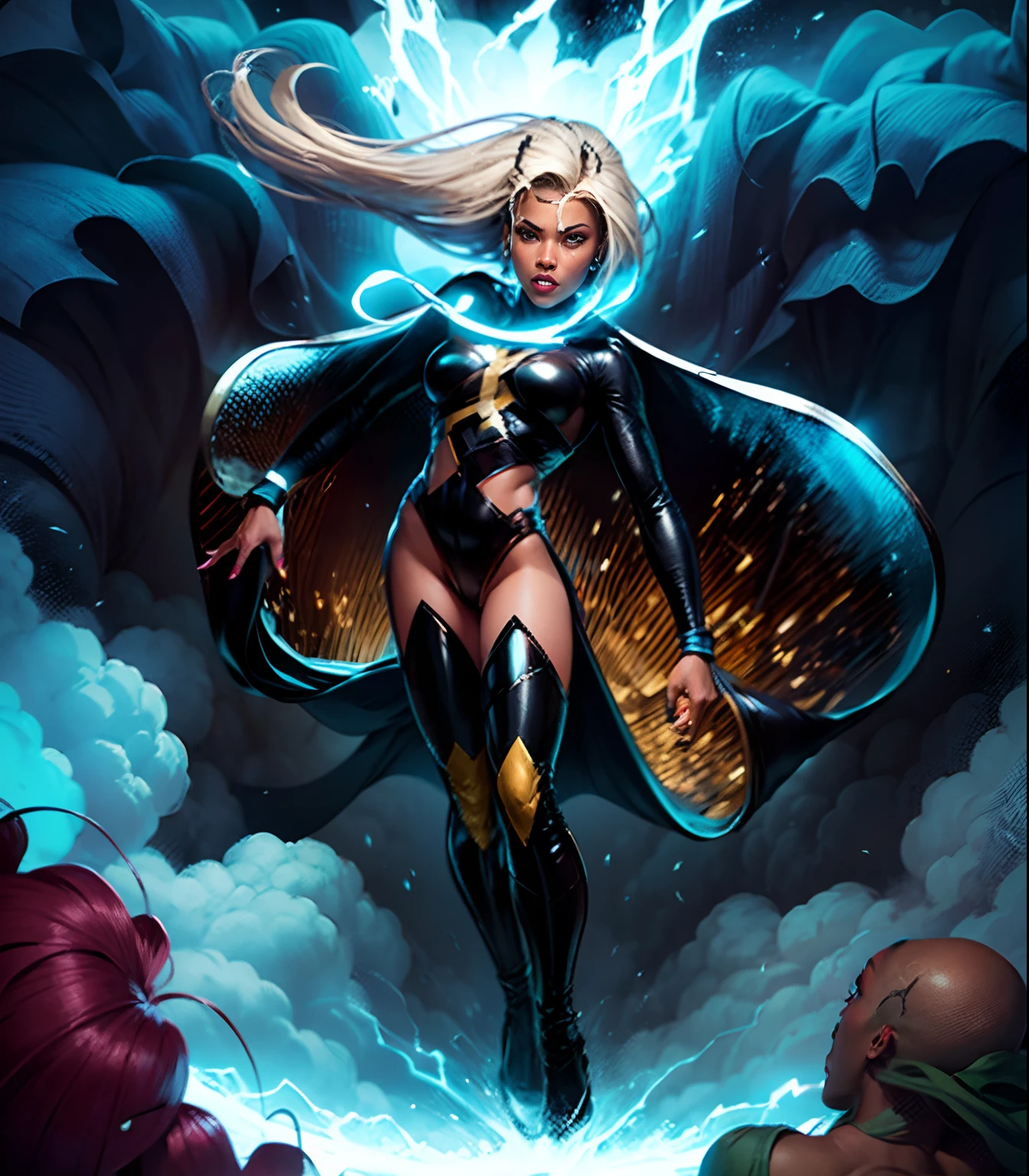 masterpiece, high quality images, high detailed faces, perfect faces, um desenho realista de uma mulher, com cabelos prateados e pele negra, muito bonita, corpo escultural, Ororo dos X-Men com uma roupa preta e branca voando pelo ar, inspirado por Hal Foster, inspirado em Alex Toth, inspirado em Ryan Stegman, desenho realista de quadrinhos, capa brilhando ao vento, inspired by José Comas Quesada, inspirado em Dustin Nguyen, Filipe Caza, inspirado em Ceri Richards, Fantastic Art, 8k