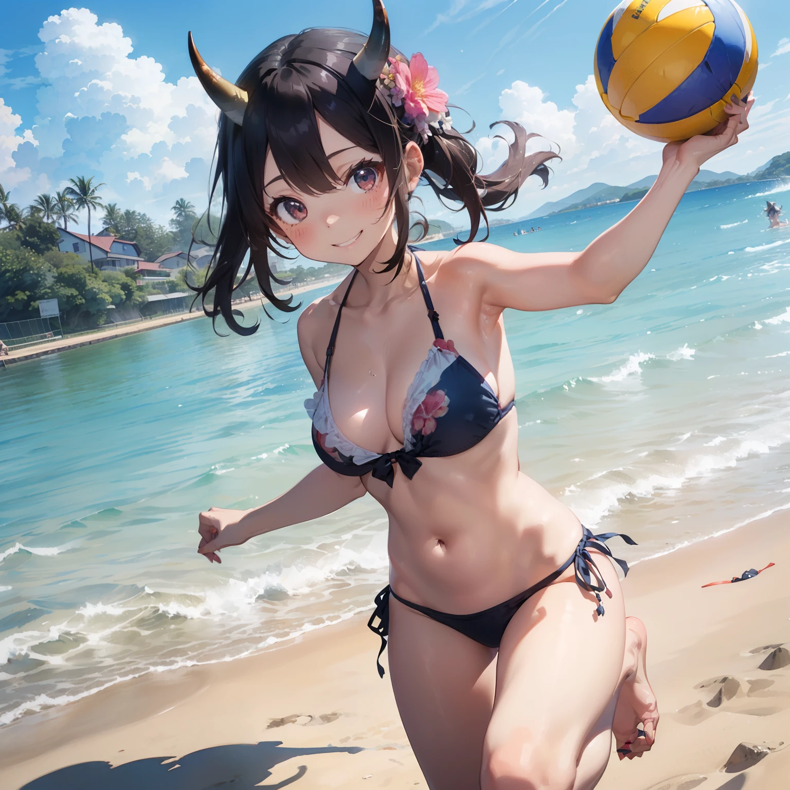 ​masterpiece、watercolor paiting（1:2）、((2D））、cute horns、Ajin、girl with、mischievous look、Nihilistic smile、Floral bikini with a lot of fabric、Sea in clear skies、Beautiful beach、Playing beach volleyball、Jump Serve、Watermelon groats、blindfolds