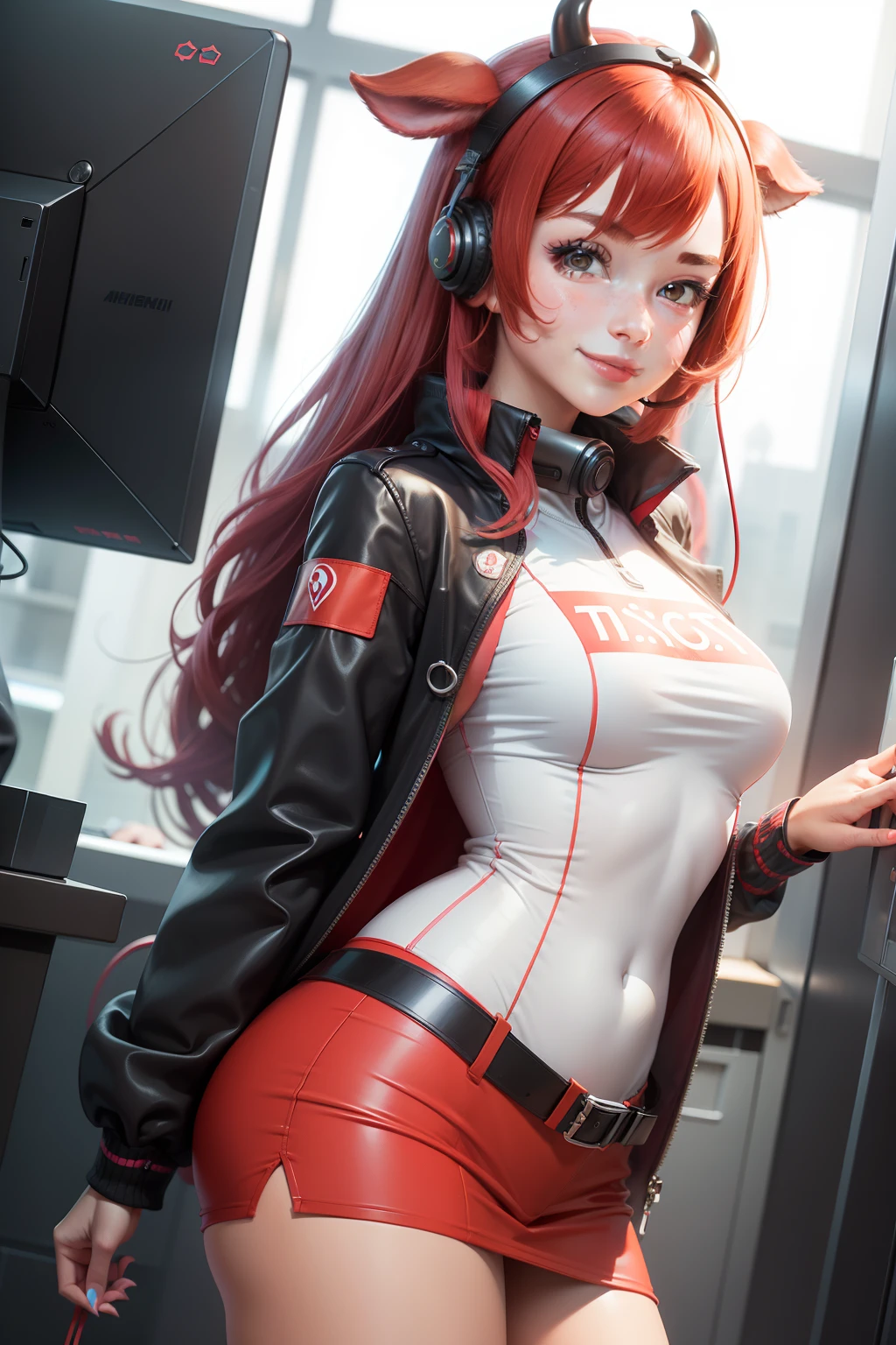 8k, masterpiece, best quality, realistic, higly detailed, cowboy shot, 1girl, solo, miku, emotionless looking girl, medium-length red hair, strands of hair hanging over the right side of her face, a set of wireless headphones that have a triangle-shaped logo on the ear cups around her neck, dark blue eyes, average height, well-endowed figure, large breasts, black tights, bangs cover her right eye, spring clothes