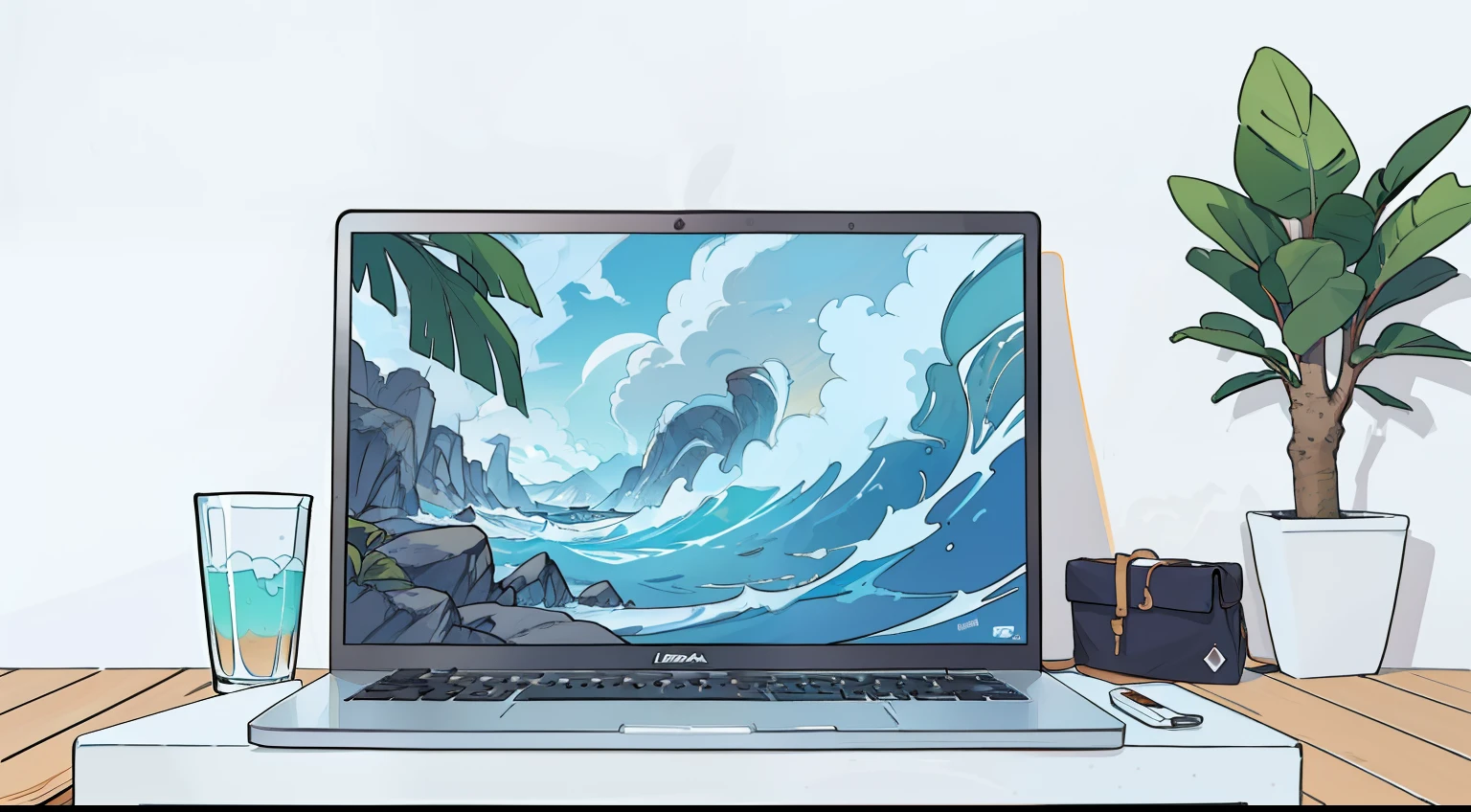 uma mesa com um laptop , vista de longe , uma parede branca e piso branco ,