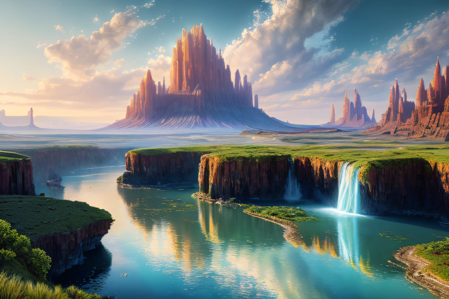 paysage futuriste, Eau, (Highly detailed CG Unit 8k wallpaper), The most beautiful work of art in the world, Professional majestic oil painting, complexe, High detail, mise au point nette, dramatique, Art of photorealist painting,