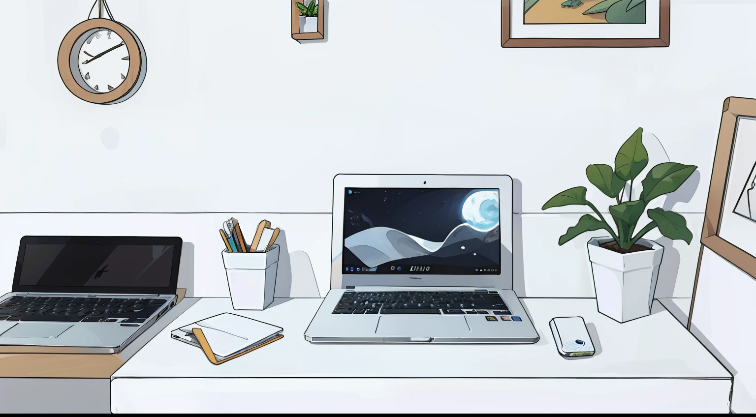 uma mesa com um laptop , uma parede branca e piso branco ,