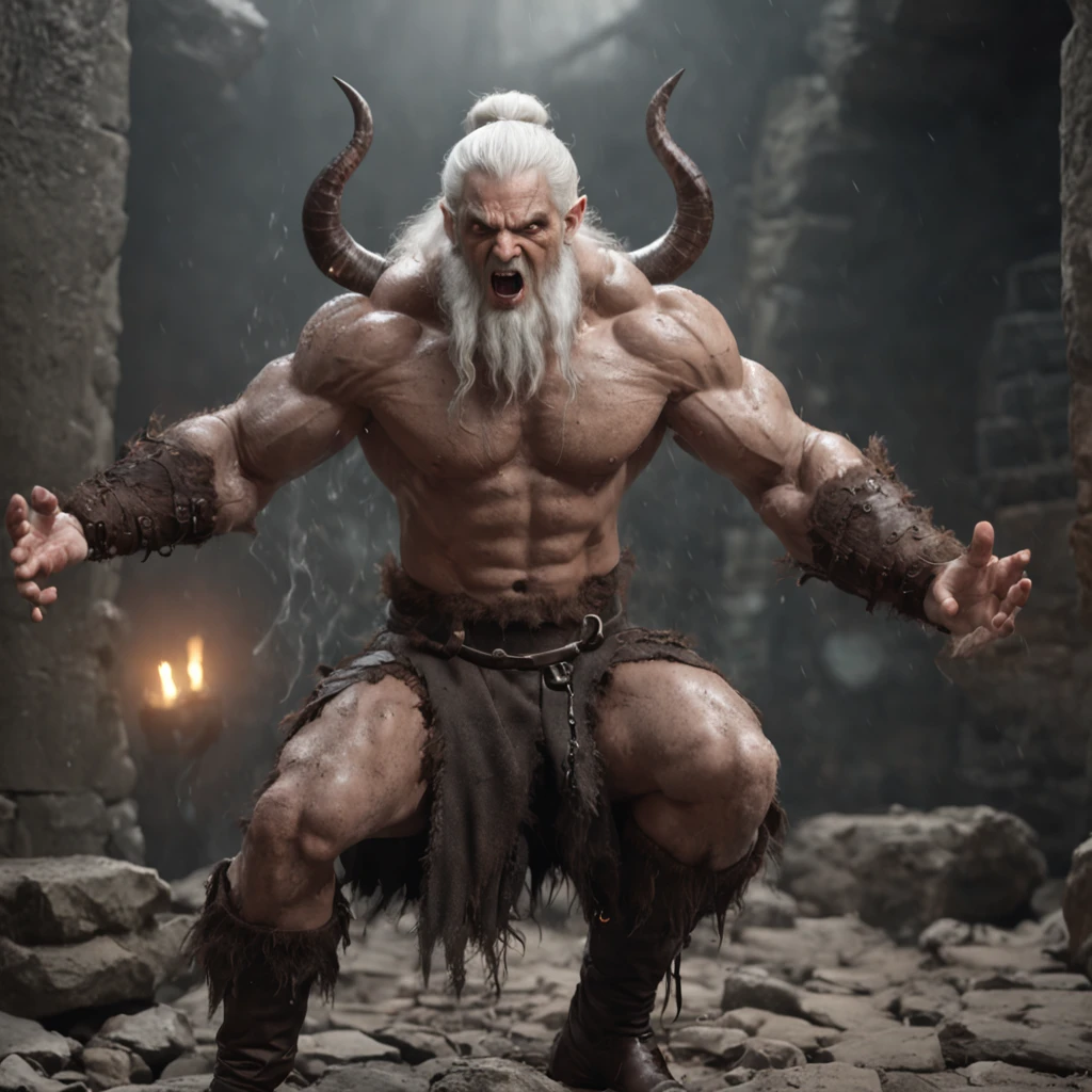 (professional 3d render:1.3) af (Realistic:1.3) most beautiful artwork photo in the world,Features soft and shiny white male humanoid demon with four horns heroes, ((Epic hero fantasy muscle rough wet angry look long white hair beard and ferocious expression in dynamic pose, Fantastic location, Majestic cluttered environment)), full body 8k unity render, action shot, skin pore, very dark lighting, heavyshading, Detailed, Detailed face, (vibrant, photograph realistic, Realistic, Dramatic, Dark, Sharp focus, 8K), (Old leather garments damaged by weathering:1.4), ((((Wear fur)))), (Intricate:1.4), decadent, (Highly detailed:1.4), Digital painting, rendering by octane, art stations, concept-art, smooth, Sharp focus, illustration, Art germ, (loish:0.23), wlop, and greg rutkowski and alphonse mucha, (Global illumination, Studio light, volumettic light), heavy rain, particles floating, lotr, fantasy, elf, full body, ((Dark and ancient city background:1.3)), CGSociety, art stations