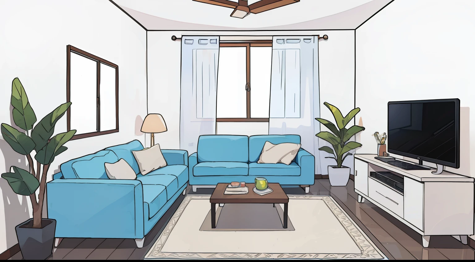 uma mesa com um laptop , vista de longe , uma parede branca e piso branco ,