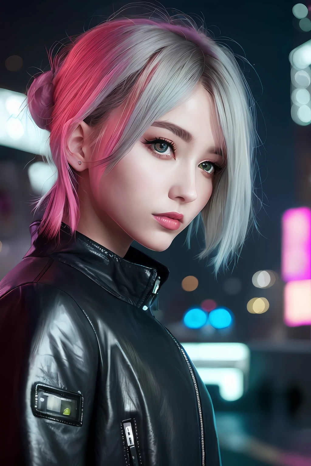 Arad woman with pink hair and black leather jacket in the city, Hyper-realistic cyberpunk style, beautiful cyberpunk girl face, cyberpunk art ultrarealistic 8k, the cyberpunk girl portrait, Cyberpunk Style , Hyperrealistic, cyberpunk beautiful girl, dreamy cyberpunk girl, Cyberpunk 2 0 y. o model girl, female cyberpunk anime girl, beautiful cyberpunk woman model, cyberpunk anime girl