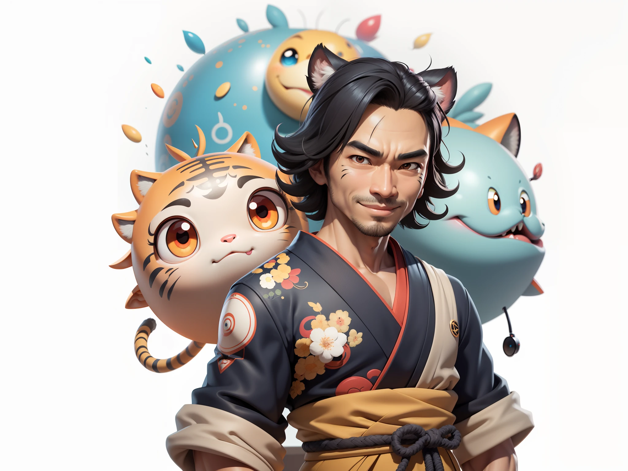 (Daisaku),(Need),(Super meticulous),(full bodyesbian:1.2),Super young man with Japanese geisha,Beautiful,orient,one tiger,Aeolian Thor,Raised sexy,爆乳,Oriental face,TV Anchor,Bust portrait illustration,In black suit,a blue tie,The face is slightly chubby,The face was clean,without a beard,Black super short hair,Black eyes,Smile confidently,3C computer sub-products,iPad, iphone,Digital painting,3D character design by Mark Clairen and Pixar and Hayao Miyazaki and Akira Toriyama,The illustration is a high-definition illustration in 4K resolution,With very detailed facial features and cartoon-style visuals。