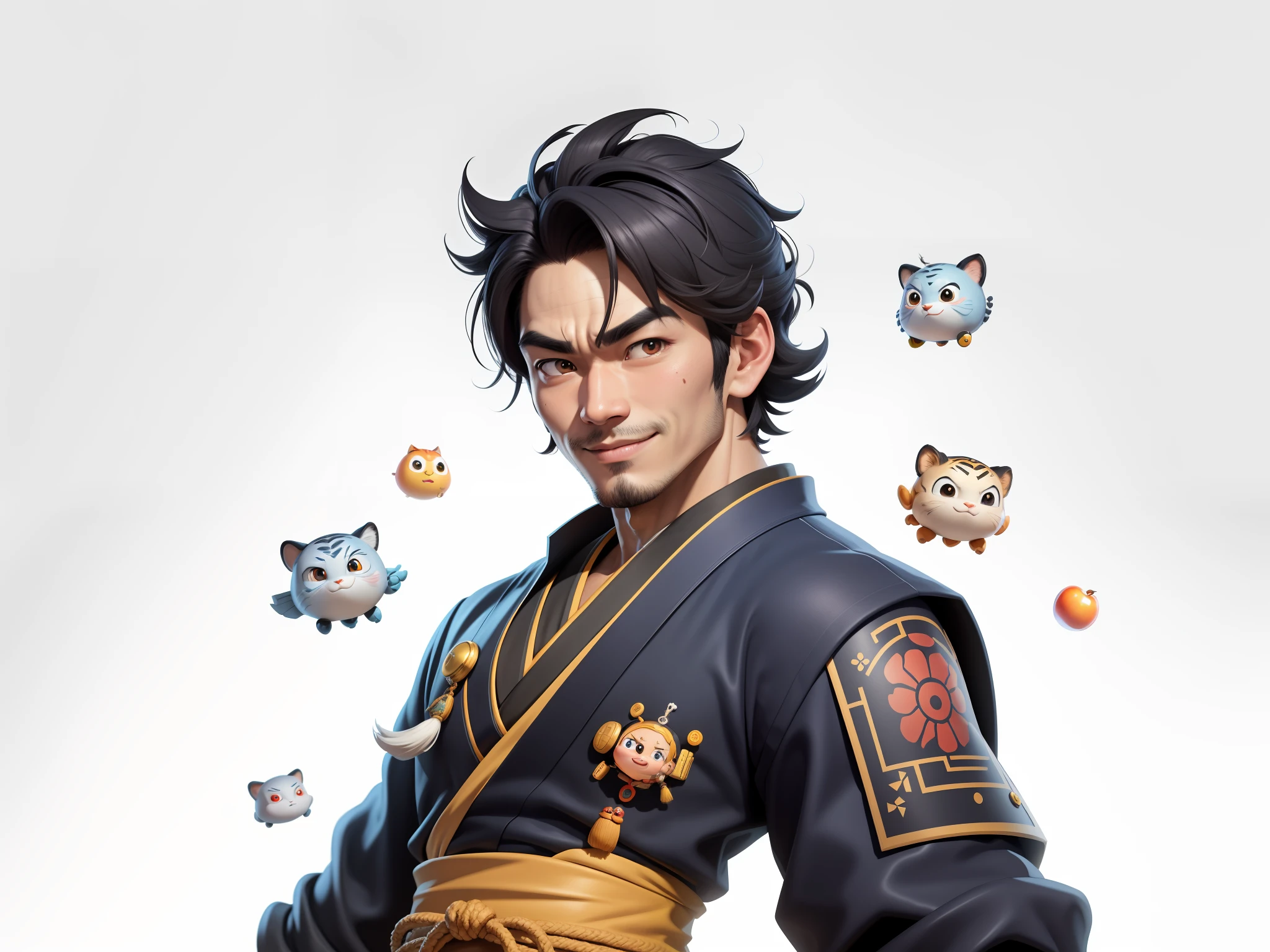 (Daisaku),(Need),(Super meticulous),(full bodyesbian:1.2),Super young man with Japanese geisha,Beautiful,orient,one tiger,Aeolian Thor,Raised sexy,爆乳,Oriental face,TV Anchor,Bust portrait illustration,In black suit,a blue tie,The face is slightly chubby,The face was clean,without a beard,Black super short hair,Black eyes,Smile confidently,3C computer sub-products,iPad, iphone,Digital painting,3D character design by Mark Clairen and Pixar and Hayao Miyazaki and Akira Toriyama,The illustration is a high-definition illustration in 4K resolution,With very detailed facial features and cartoon-style visuals。
