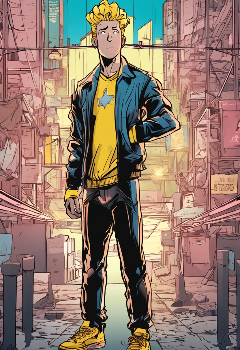 Estilo anime dos anos 90, vault boy usando um traje cinza claro com faixas neon de costas, um numero "1" aparecendo em amarelo no meio das costas