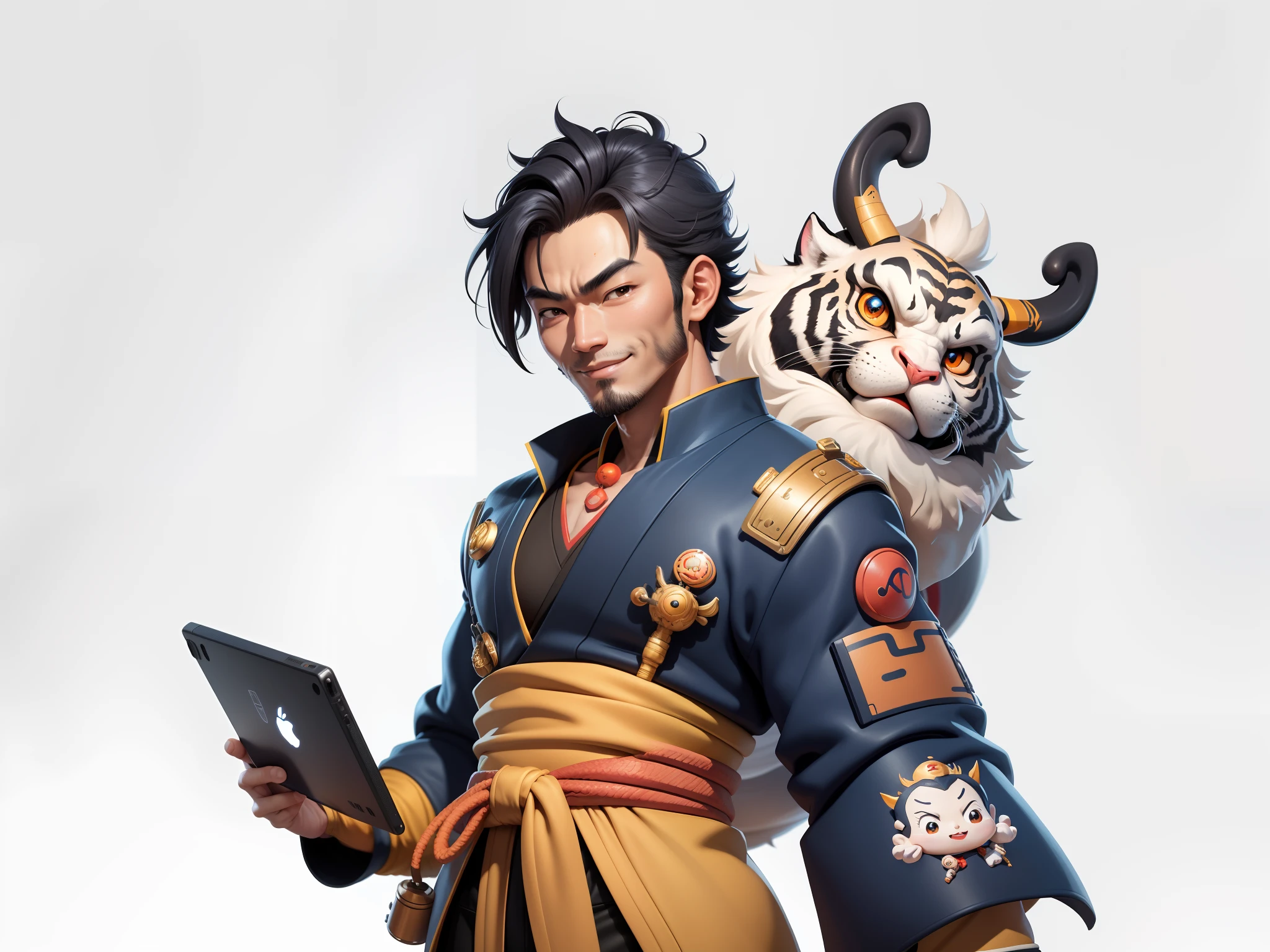 (Daisaku),(Need),(Super meticulous),(full bodyesbian:1.2),Super young man with Japanese geisha,Beautiful,orient,one tiger,Aeolian Thor,Raised sexy,爆乳,Oriental face,TV Anchor,Bust portrait illustration,In black suit,a blue tie,The face is slightly chubby,The face was clean,without a beard,Black super short hair,Black eyes,Smile confidently,3C computer sub-products,iPad, iphone,Digital painting,3D character design by Mark Clairen and Pixar and Hayao Miyazaki and Akira Toriyama,The illustration is a high-definition illustration in 4K resolution,With very detailed facial features and cartoon-style visuals。