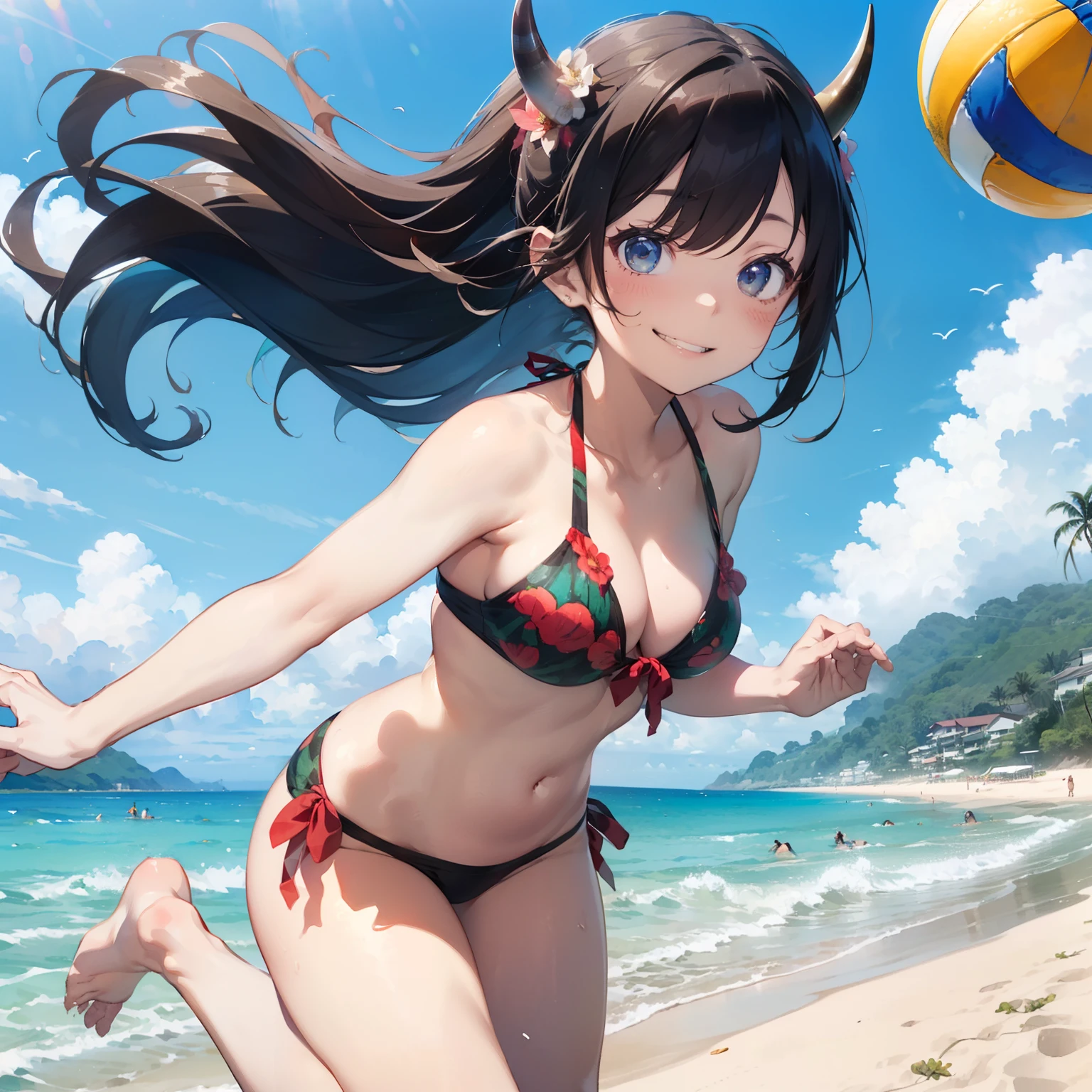 masterpiece、watercolor paiting(1:2)、((2D))、cute horns、Ajin、girl with、mischievous look、Nihilistic smile、Floral bikini with a lot of fabric、Sea in clear skies、Beautiful beach、Playing beach volleyball、Jump Serve、Watermelon groats、blindfolds