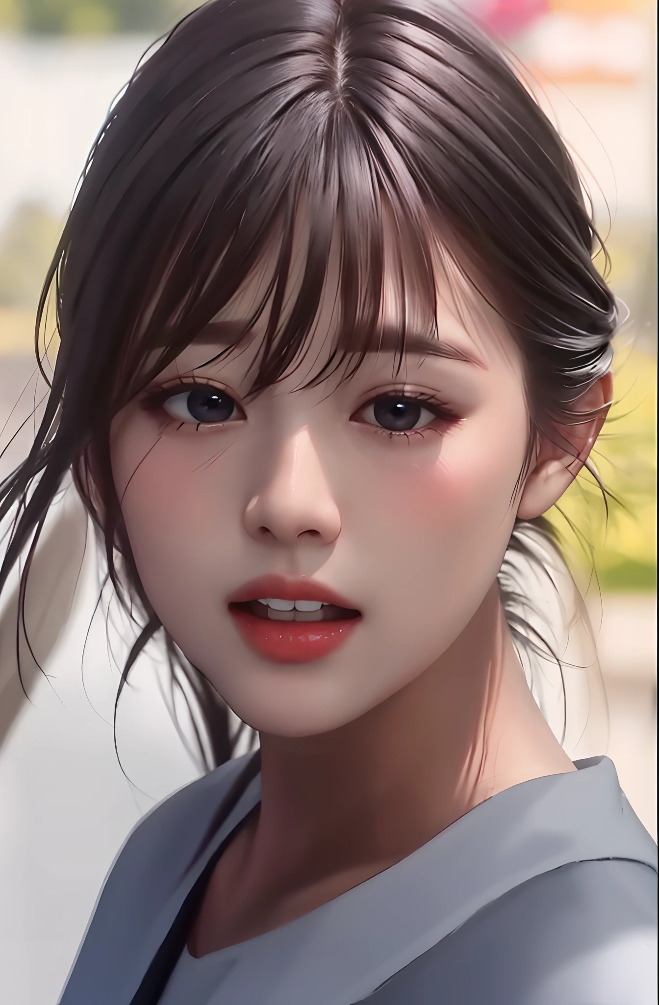 one-girl,Comb long black hair,Wear a comfortable white shirt,The upper part of the body,(big laughter:1.1),(with her mouth open:1.1),(opens his eyes wide:1.2),strong lights,Background bokeh,depth of fields,blur backgroun,light particules,strong winds, (heart particles:1.1)