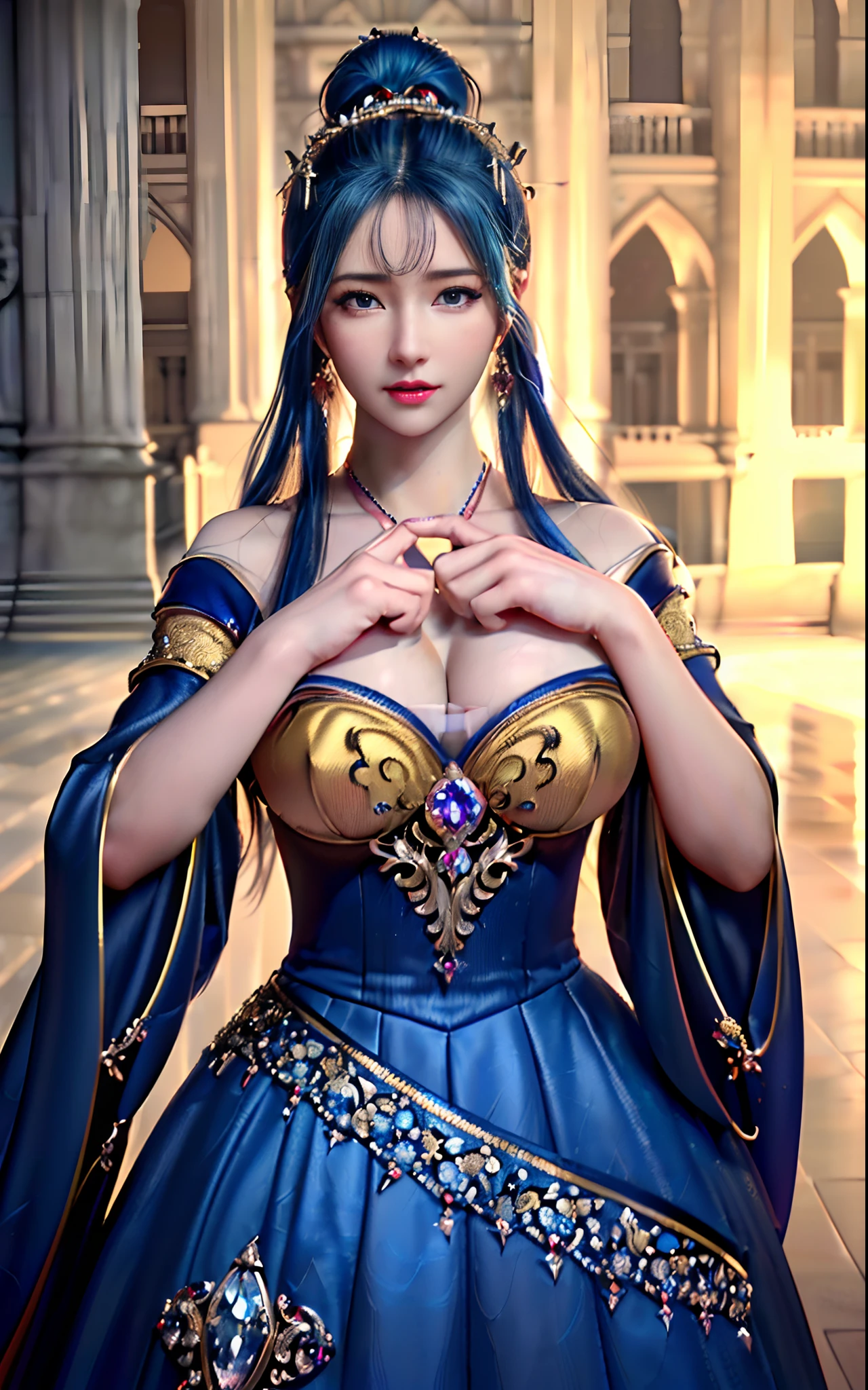 ((realisticity: 1.2)), ((realistic: 8K UHD)), ((best resolution: 8K UHD)), hyper detailed, best quality,masterpiece,highres,cg, ((1 girl hyper detailed and hyper realistic) ) , ((beautiful queen, hyper realistic and hyper detailed)),((white skin, beautiful, smooth, youthful, hyper realistic and hyper detailed )), ((Face hyper beautiful, white, hyper realistic and hyper detailed ) ), long hair, ((hyper realistic and hyper detailed dress)), solo, ((hyper realistic, hyper beautiful, beautiful and hyper detailed jewelry)), ((hyper beautiful deep red and golden yellow dress, hyper realistic and hyper detailed )) , ((Her pretty, hyper realistic, hyper detailed diamond filled earrings)), ((Her gorgeous diamond haircut, hyper realistic and hyper detailed)), ((hyper pretty upper body, hyper beautiful, hyper realistic and hyper detailed) ), ((medium breast: 1.1)), ((hyper realistic, hyper pretty, hyper detailed boobs)), ((the backgroun of the royal palace is hyper majestic, hyper realistic and hyper detailed)),((hands and palms hyper beautiful, hyper detailed, hyper realistic)), ((hyper detailed and hyper realistic fingers and fingernails)), ((hyper pretty fingernails, hyper vivid, hyper detailed, hyper realistic)), ((thumb, index finger, middle finger, ring finger, little finger hyper vivid, hyper pretty, hyper detailed, hyper realistic)), ((hyper beautiful fingers, hyper detailed, and hyper realistic)), ((posture not too fat and not too thin, hyper realistic, hyper detail)), ((hyper pretty, hyper pretty, hyper realistic and hyper detailed hair bun)), ((hyper pretty , hyper realistic and hyper detailed blue hair)), candid, Photo, high resolution, 8k , bokeh,