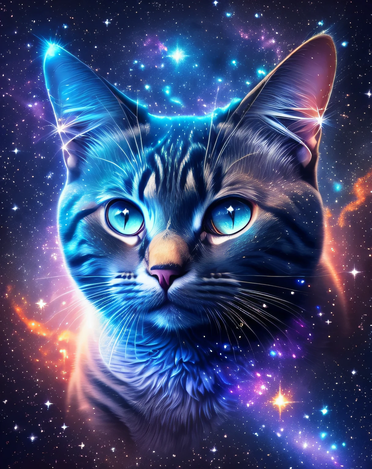 um close up de um gato com olhos azuis nas estrelas, gato espacial, cat in space, gato do vazio, awesome cat, kittens in outer space, Gatos Neon bonitos, Beeple e Jeremias Ketner, paper awesome wallpaper, Gato. pintura digital, gato detalhado, arte digital peluda, estrelas em seus olhos de olhar, on a galaxy looking background