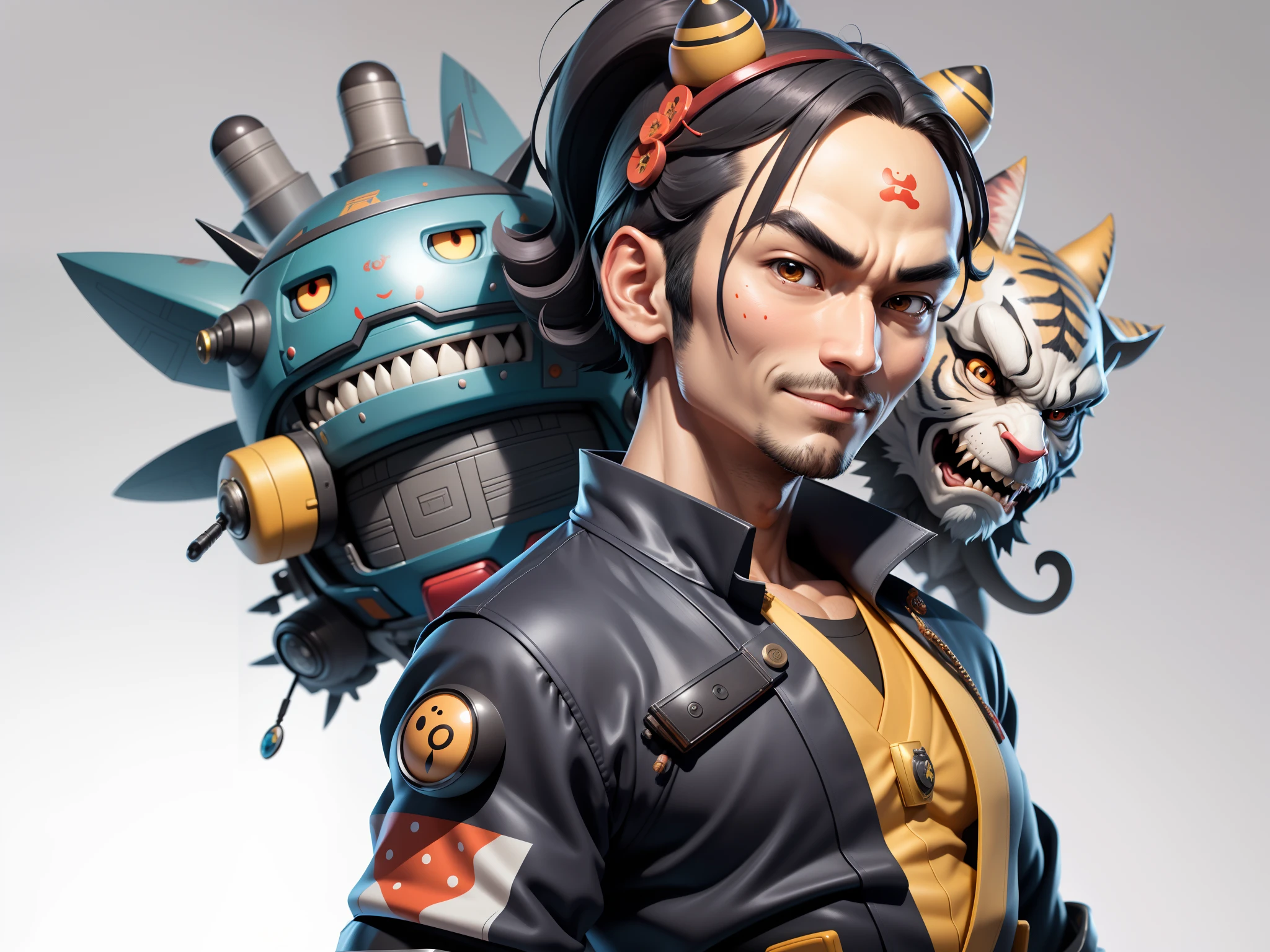 (Daisaku),(Need),(Super meticulous),(full bodyesbian:1.2),Super young man with Japanese geisha,Beautiful,orient,one tiger,Aeolian Thor,Raised sexy,爆乳,Oriental face,TV Anchor,Bust portrait illustration,In black suit,a blue tie,The face is slightly chubby,The face was clean,without a beard,Black super short hair,Black eyes,Smile confidently,3C computer sub-products,iPad, iphone,Digital painting,3D character design by Mark Clairen and Pixar and Hayao Miyazaki and Akira Toriyama,The illustration is a high-definition illustration in 4K resolution,With very detailed facial features and cartoon-style visuals。