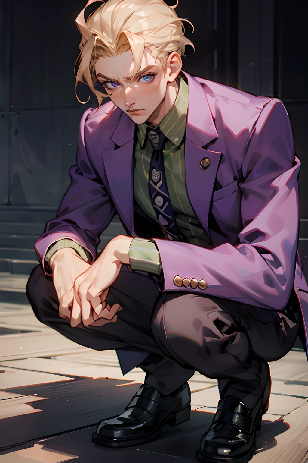 kirayoshikage, kira yoshikage, 1boy, blonde hair, short hair, mature male, cheekbones, purple eyes,
BREAK belt, formal, necktie, shoes, suit,,
BREAK looking at viewer,
BREAK outdoors, park,
BREAK (masterpiece:1.2), best quality, high resolution, unity 8k wallpaper, (illustration:0.8), (beautiful detailed eyes:1.6), extremely detailed face, perfect lighting, extremely detailed CG, (perfect hands, perfect anatomy),