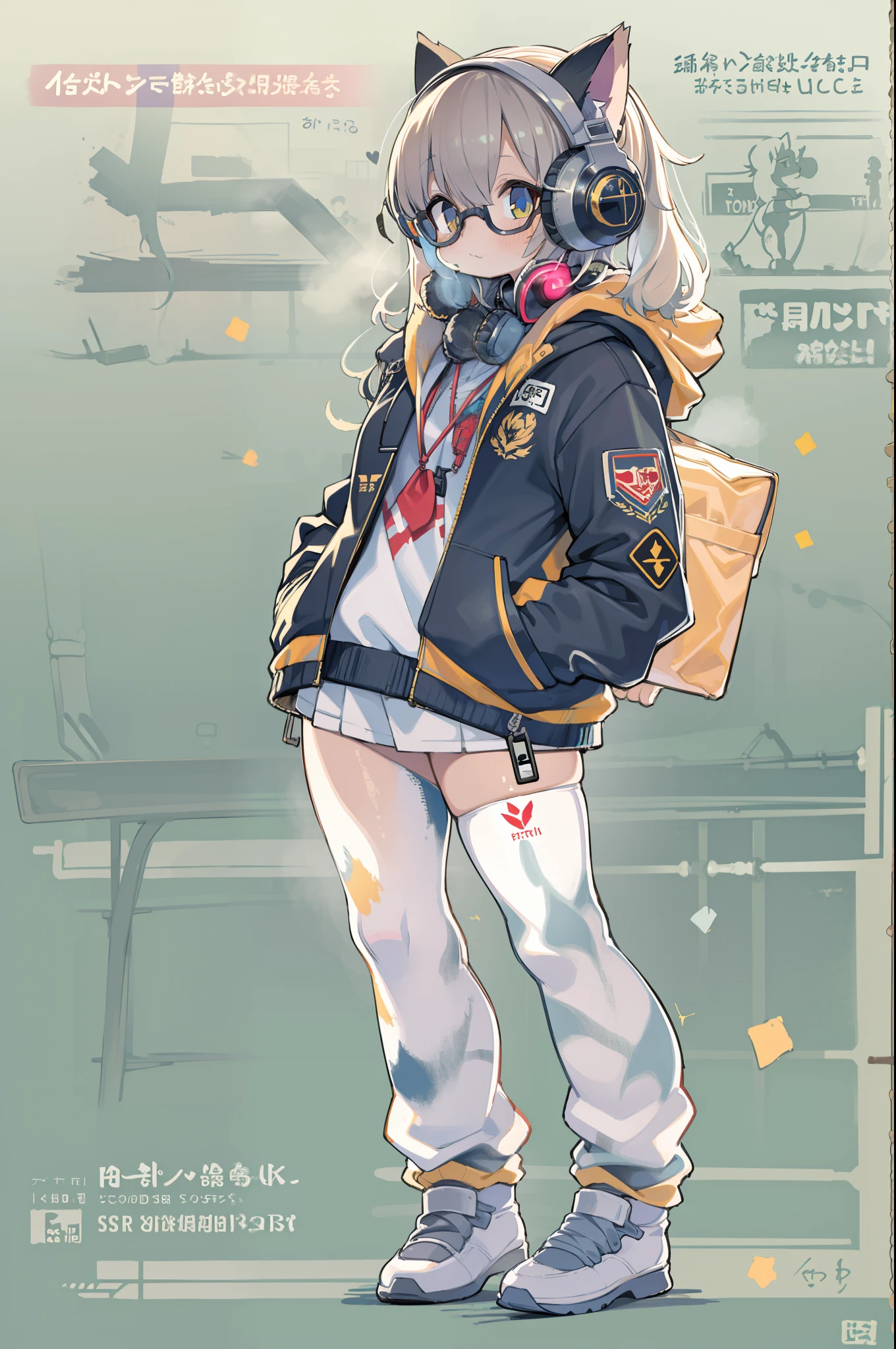 Perfect center, Full body cute kitten, Wearing the Student National Team Jacket, Wearing sunglasses, Wearing headphones, Happy, Standing position, Abstract beauty, Centered, Looking at the camera, Facing the camera, Approaching perfection, Dynamic, Moonlight, Highly detailed, Digital Painting, art  stations, Concept art, Smooth, Sharp Focus, 8K, hight resolution, Illustration, art by carne griffiths and wadim kashin, White background