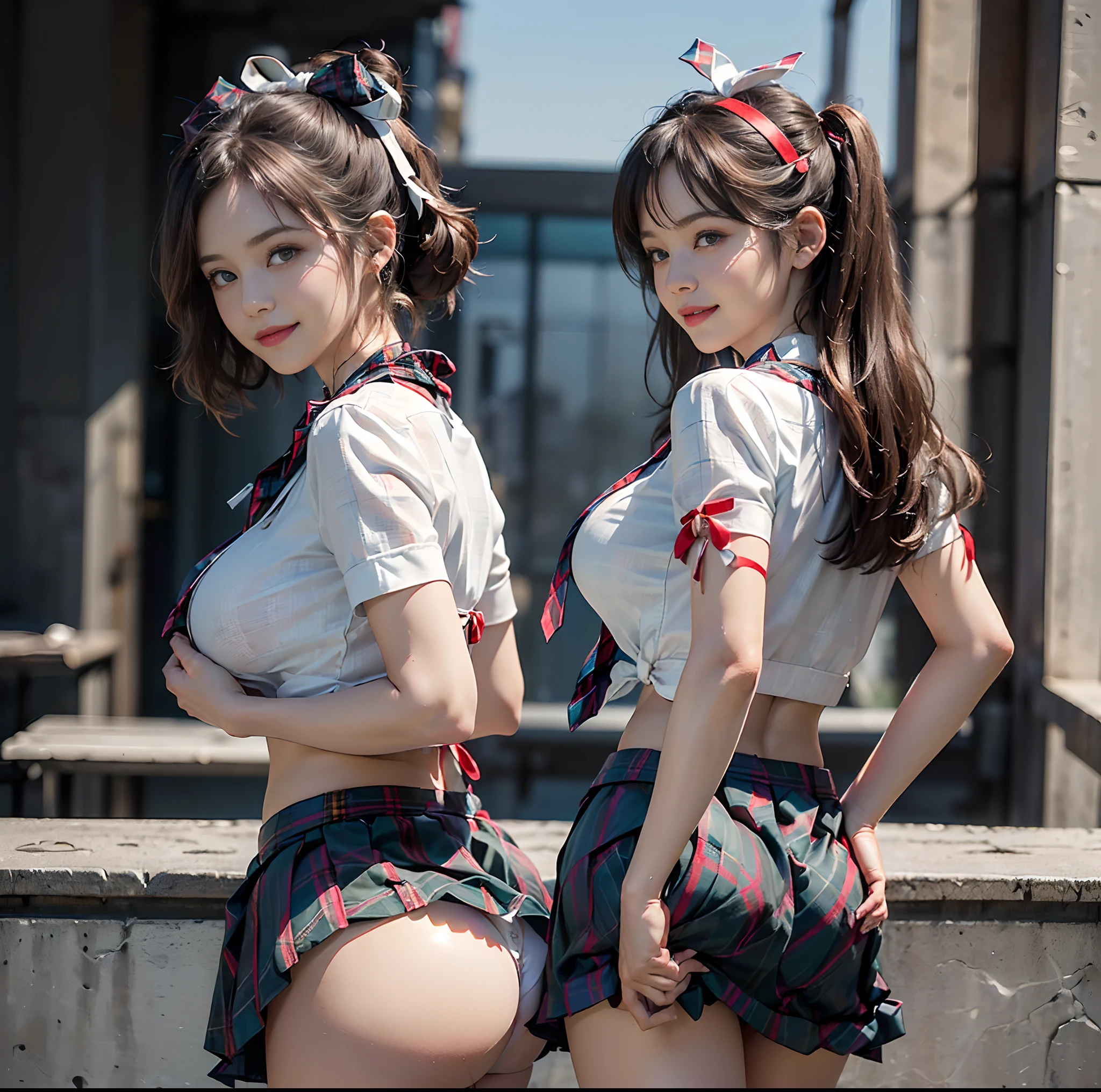 (top-quality)、 (masterpiece)、(Realistic lighting with shadows)、 (elegent)、 (A hyper-realistic:1.2)、(Stylish), (intricate detailes)、 (Perfect anatomical depiction of the human body:1.5)、(Girl standing proudly in front of camera with chest turned、Another girl on the other side is pointing her ass at the camera:1.4), ( Huge breasts :1.5), (Beautiful bright blue eyes squinting dazzlingly:1.6)、(Small lips without lipstick)、 (Brunette's half-up hair shines in the backlight), (She fastened her white blouse with a bright red thin ribbon tie、The skirt is neatly dressed in a schoolgirl costume such as a tartan plaid micro mini pleat..:2.3)、(While the blouse is very cramped due to the huge breasts、The hem blends neatly with the skirt、Do not expose skin.:1.5), (She is standing and bending her knees:1.2)、(This is a photo taken with squinted eyes and a cute smile..:1.5), (Pull up the skirt with your hands、Showing off the shortness of the crotch of the proud little pure white low-cut panties from the front.:1.8), (Only one person turns his back and shows off his proud big ass from directly behind:1.5), (the face is chubby:1.2), (perfect anatomia), (A detailed face), (Perfect hands, Correct number of arms, Correct number of fingers, nice hand, Anatomically correct hand), irene1