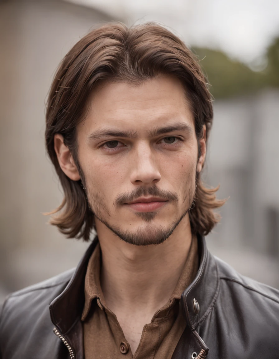 Editorial Photography. 1970s style. Men with long brown hair, Little beard. , smirk, Brown leather jacket, Jeans,smoke, Half-body view,Medium Term., The air is shady.........,. Calm and quiet., road, Detailed skin. 35 mm...........,(nikon d850), realistic skin texture , Special face details