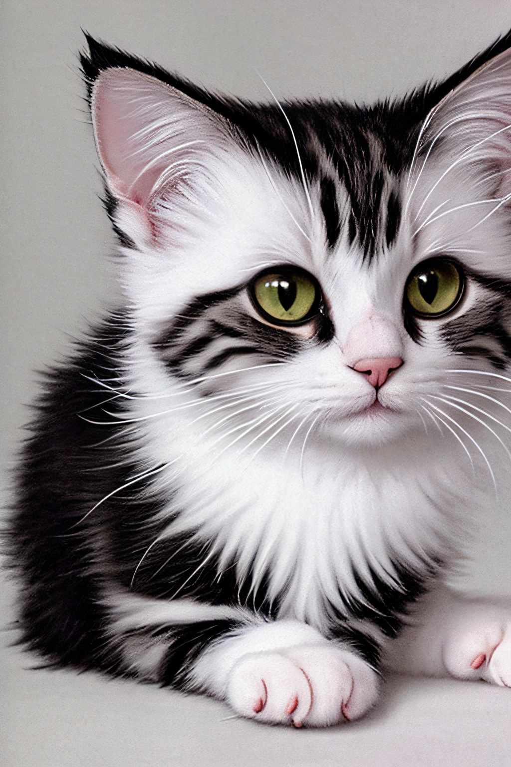 cat cute ,silky white feathers , drawing
