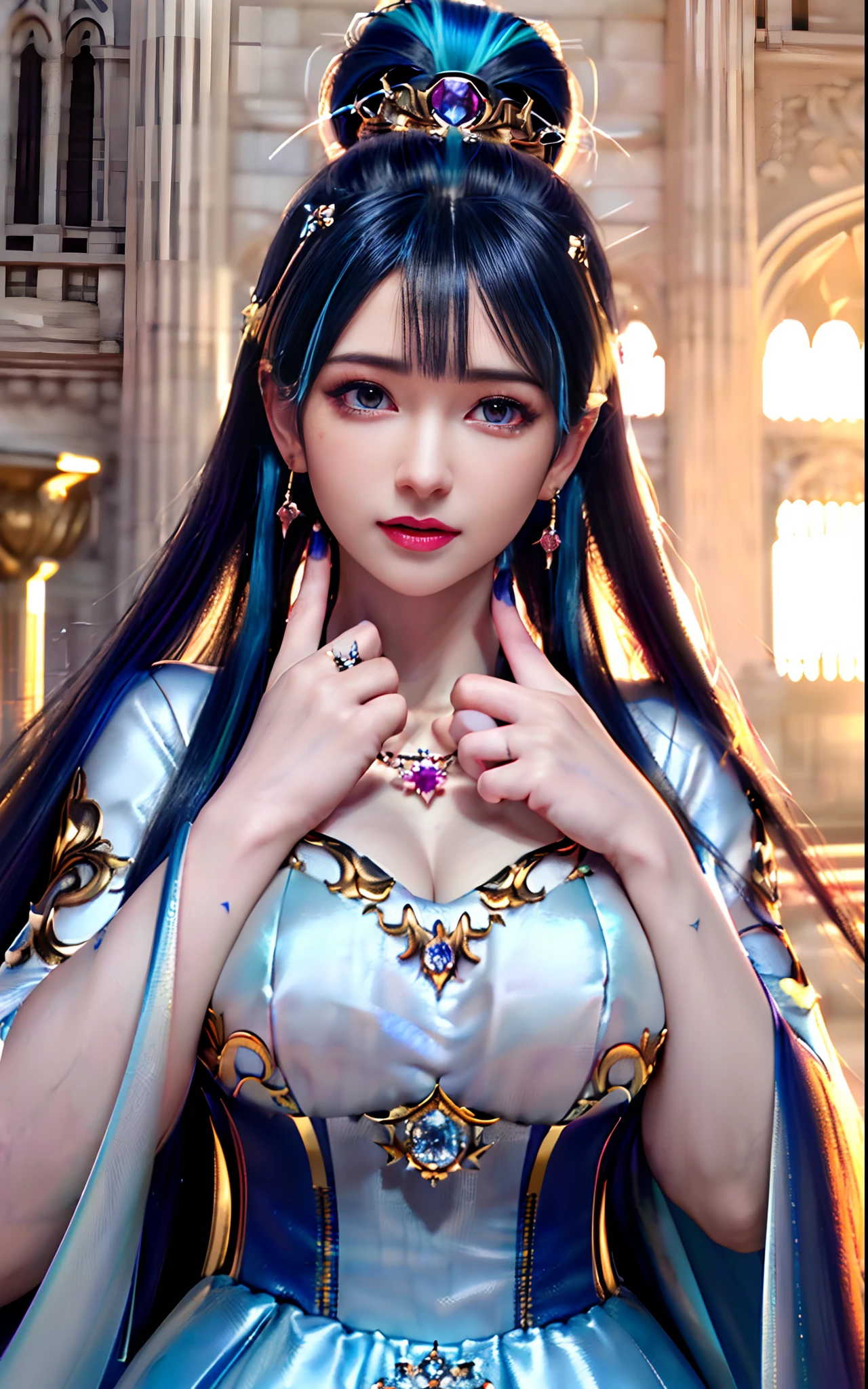((realisticity: 1.2)), ((realistic: 8K UHD)), ((best resolution: 8K UHD)), hyper detailed, best quality,masterpiece,highres,cg, ((1 girl hyper detailed and hyper realistic) ) , ((beautiful queen, hyper realistic and hyper detailed)),((white skin, beautiful, smooth, youthful, hyper realistic and hyper detailed )), ((Face hyper beautiful, white, hyper realistic and hyper detailed ) ), long hair, ((hyper realistic and hyper detailed dress)), solo, ((hyper realistic, hyper beautiful, beautiful and hyper detailed jewelry)), ((hyper beautiful deep red and golden yellow dress, hyper realistic and hyper detailed )) , ((Her pretty, hyper realistic, hyper detailed diamond filled earrings)), ((Her gorgeous diamond haircut, hyper realistic and hyper detailed)), ((hyper pretty upper body, hyper beautiful, hyper realistic and hyper detailed) ), ((medium breast: 1.1)), ((hyper realistic, hyper pretty, hyper detailed boobs)), ((the backgroun of the royal palace is hyper majestic, hyper realistic and hyper detailed)),((hands and palms hyper beautiful, hyper detailed, hyper realistic)), ((hyper detailed and hyper realistic fingers and fingernails)), ((hyper pretty fingernails, hyper vivid, hyper detailed, hyper realistic)), ((thumb, index finger, middle finger, ring finger, little finger hyper vivid, hyper pretty, hyper detailed, hyper realistic)), ((hyper beautiful fingers, hyper detailed, and hyper realistic)), ((posture not too fat and not too thin, hyper realistic, hyper detail)), ((hyper pretty, hyper pretty, hyper realistic and hyper detailed hair bun)), ((hyper pretty , hyper realistic and hyper detailed blue hair)), candid, Photo, high resolution, 8k , bokeh,