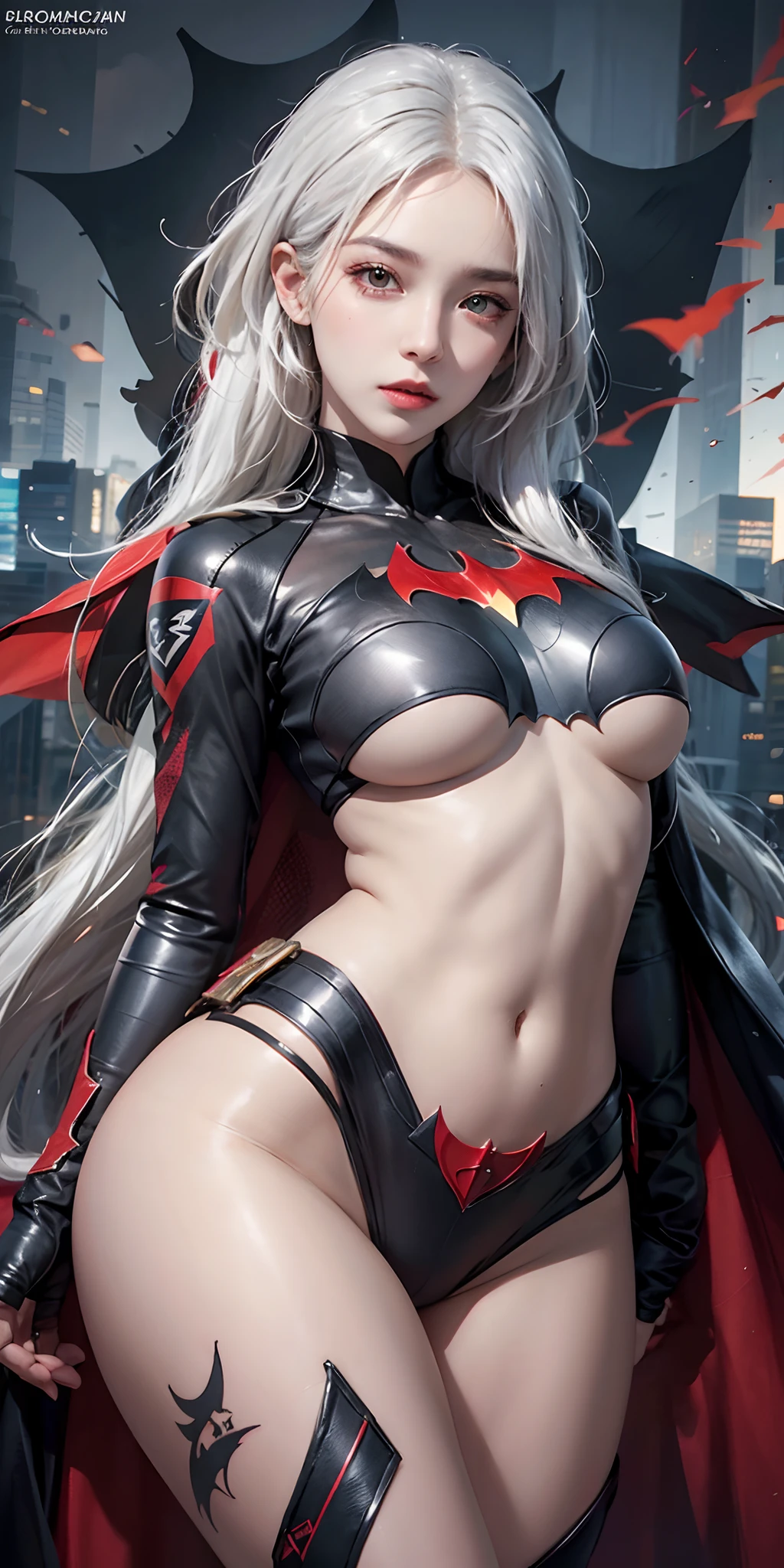 photorealistic, high resolution, soft light,1women, solo, hips up, shining skin, (detailed face), batwoman costume, jewelry, tattoo, white hair