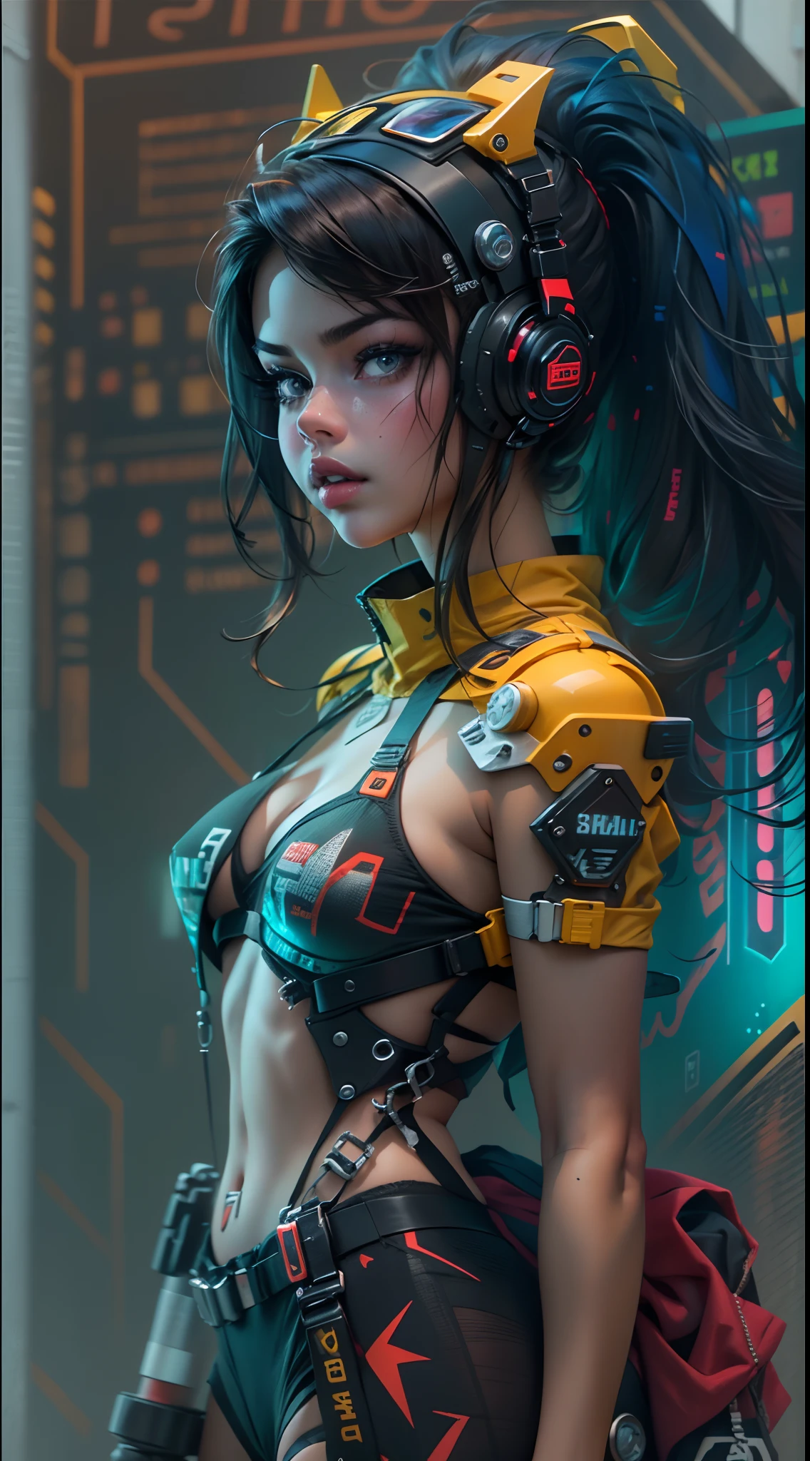 motor irreal:1.4,CG ultra realista 64K, fotorrealista:1.4, textura de la piel:1.4, obra maestra:1.4,Hermosa selena gomez con lingeries babydoll、Ropa corta estilo cyberpunk color amarillo, pantimedias red , Mini falda azul,