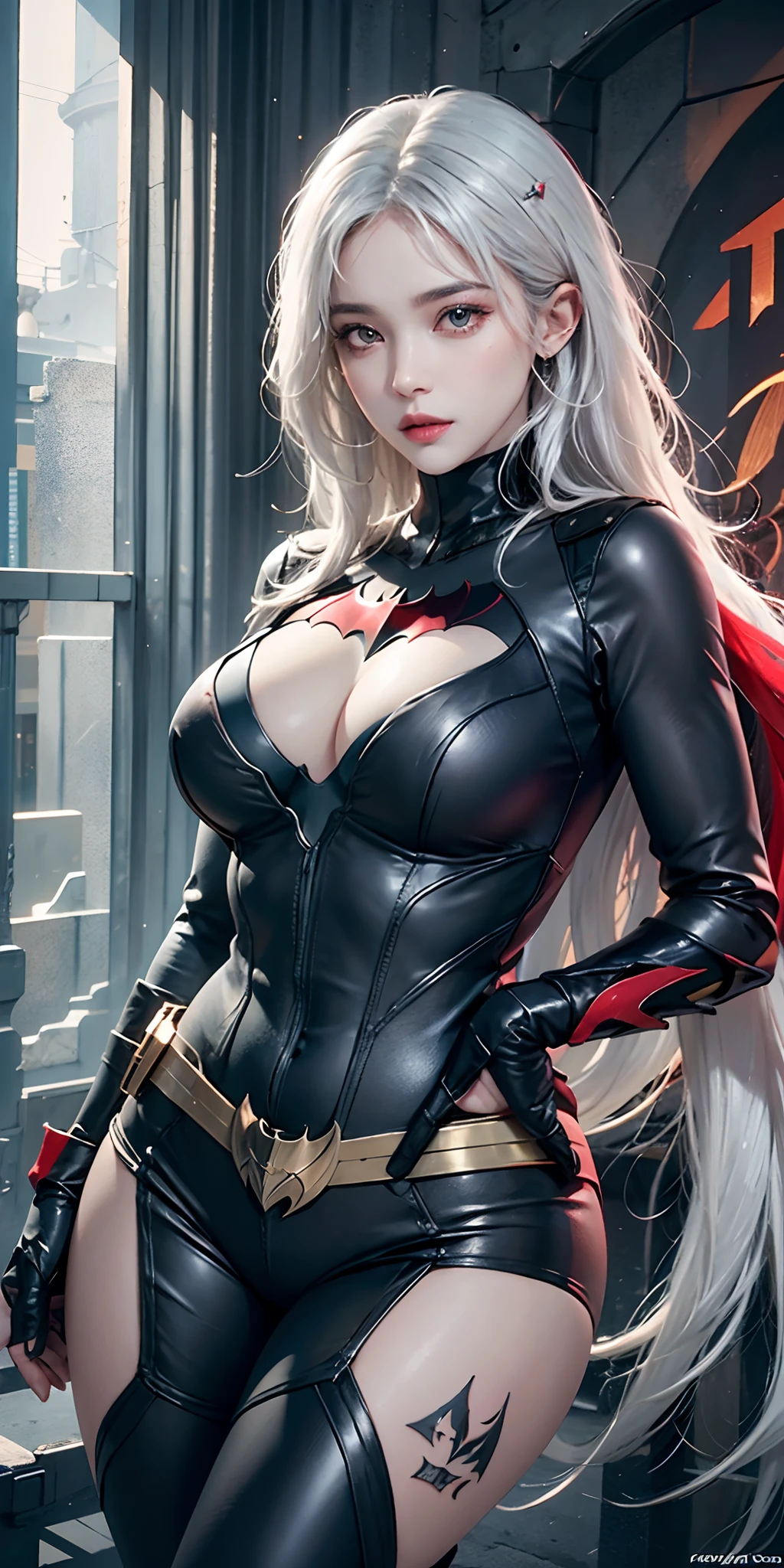 photorealistic, high resolution, soft light,1women, solo, hips up, shining skin, (detailed face), batwoman costume, jewelry, tattoo, white hair