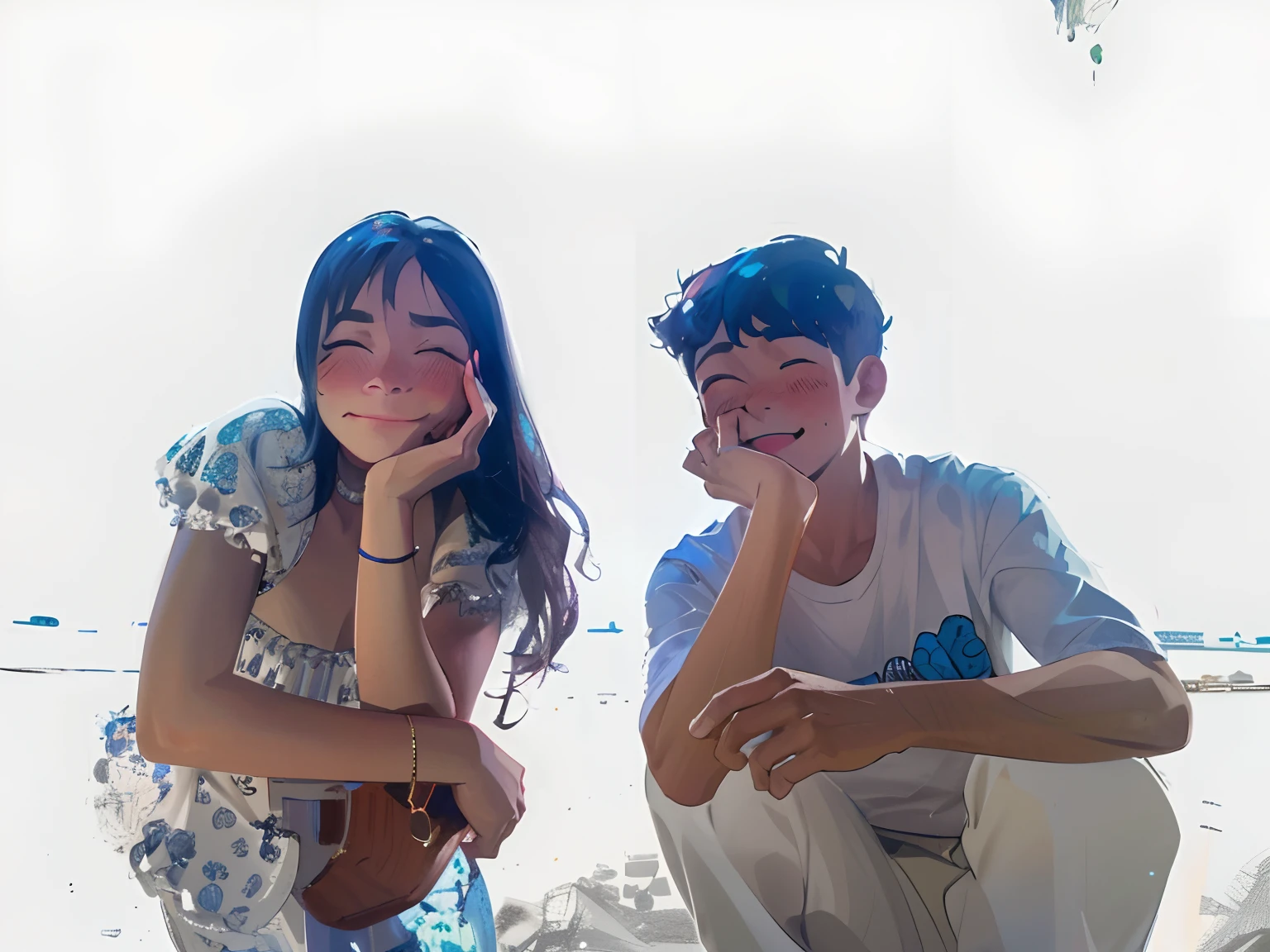 (best quality, masterpiece), (1boy, 1girl, face-to-face:1.1), smile, upper body, blush, size difference, closed eyes,